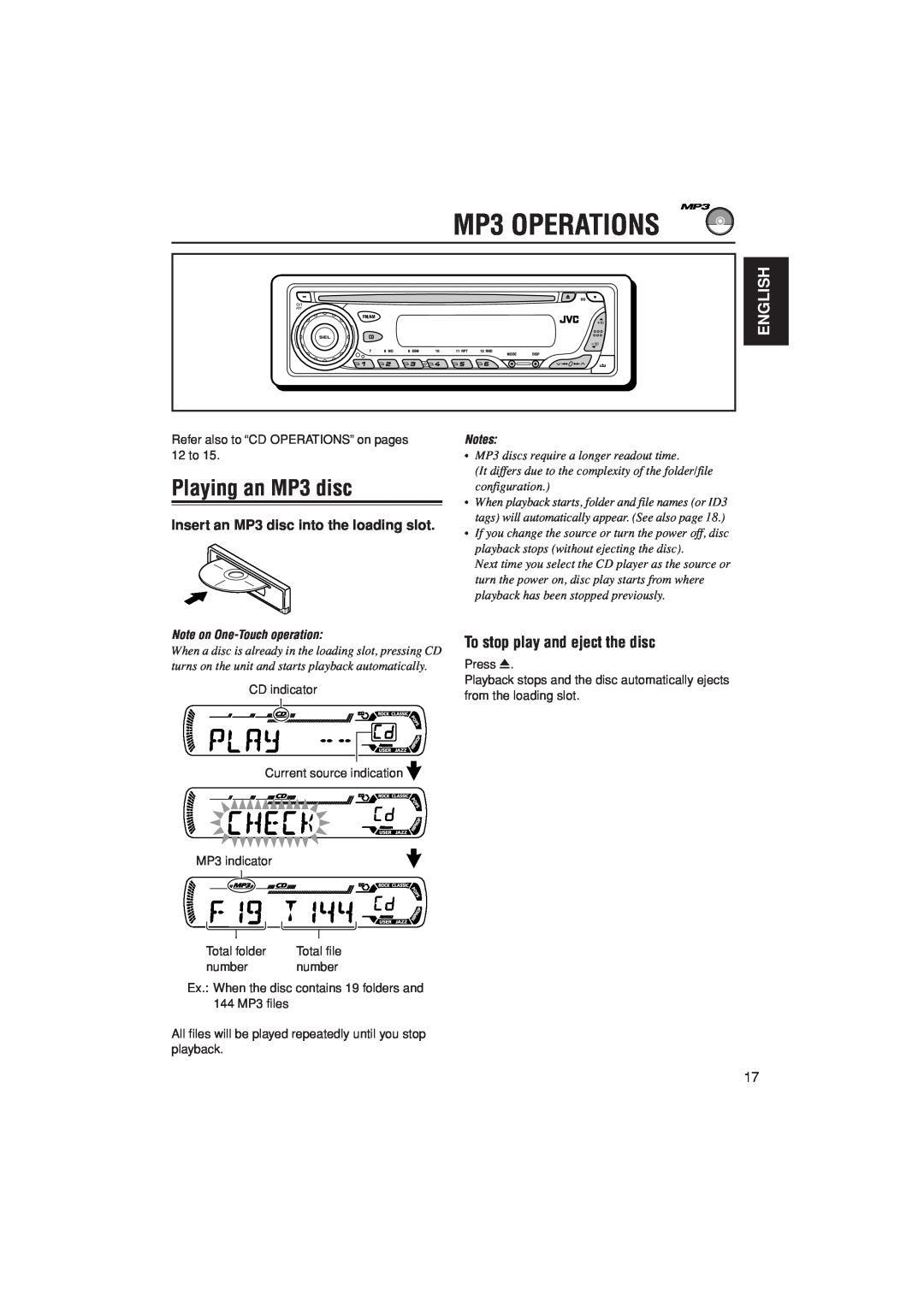 JVC KD-G407 MP3 OPERATIONS, Playing an MP3 disc, To stop play and eject the disc, English, Note on One-Touchoperation 
