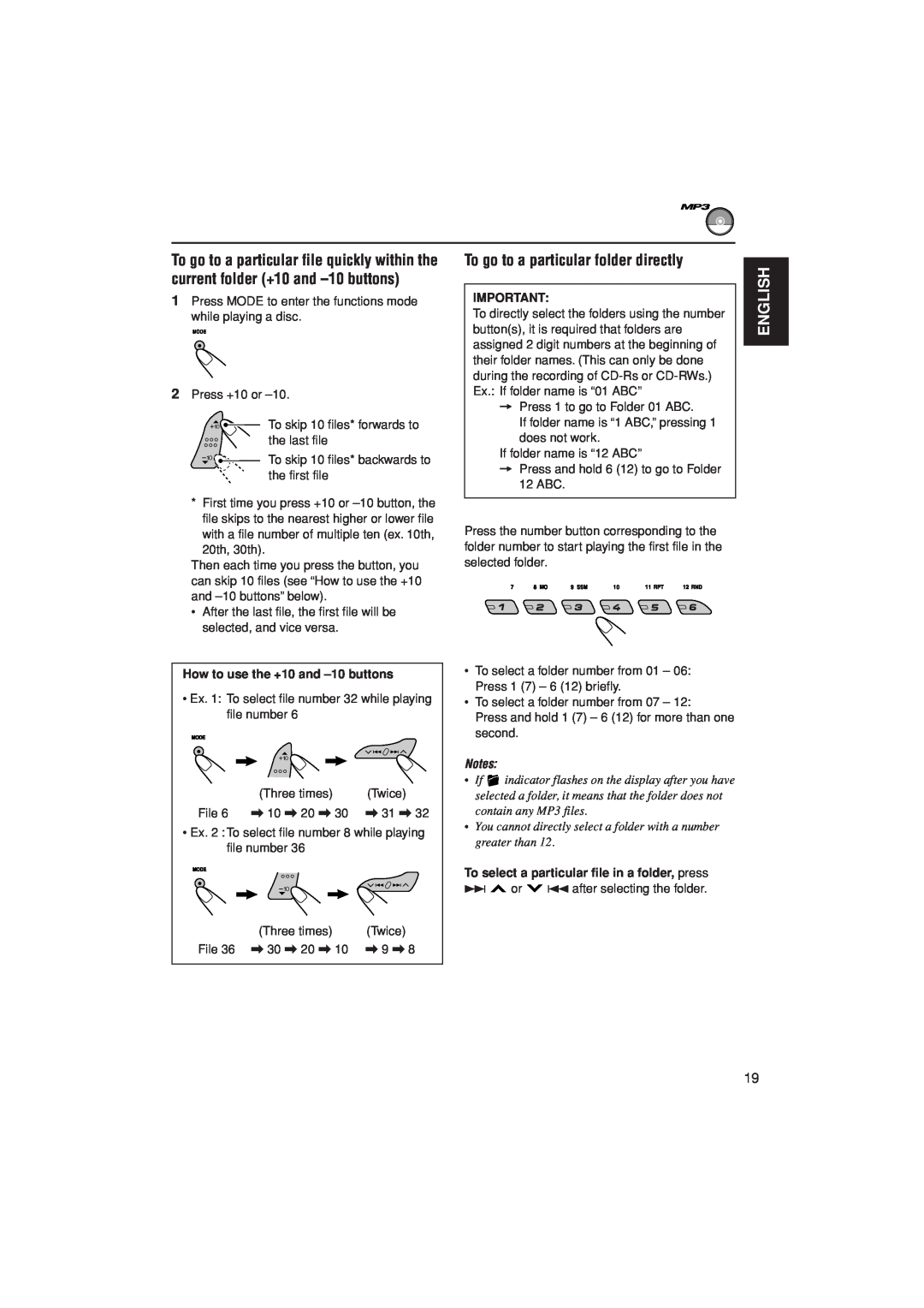 JVC KD-G407 manual To go to a particular folder directly, English, How to use the +10 and -10buttons 