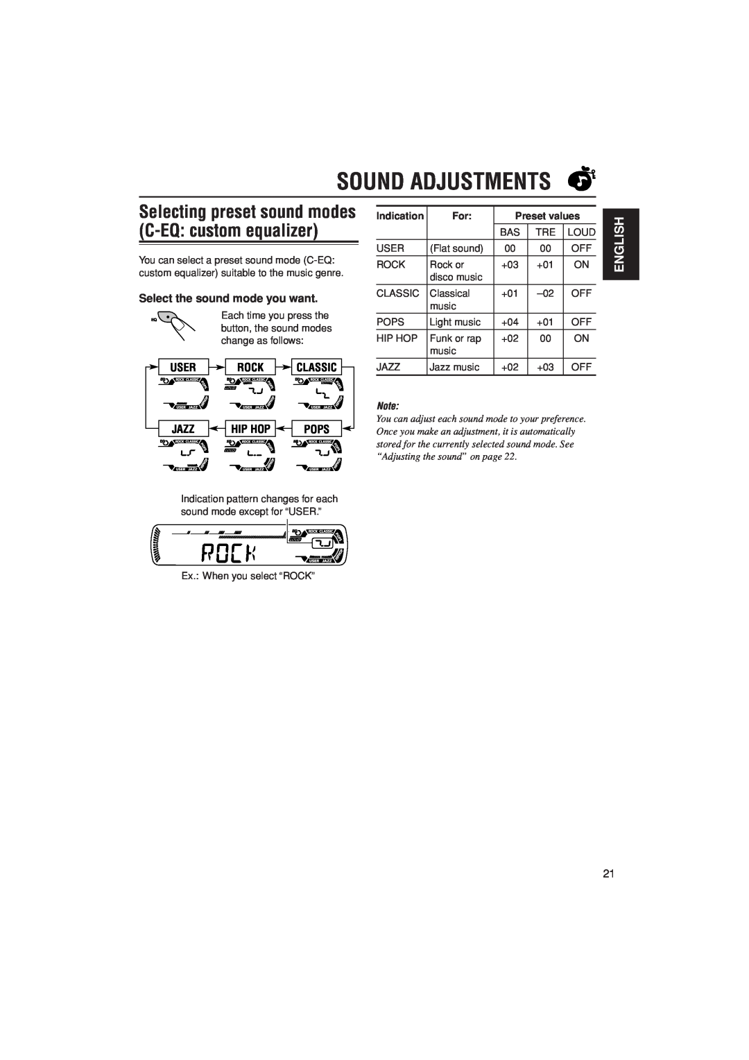 JVC KD-G407 Sound Adjustments, English, Select the sound mode you want, User Rock Classic, Jazz, Pops, Hip Hop, Indication 