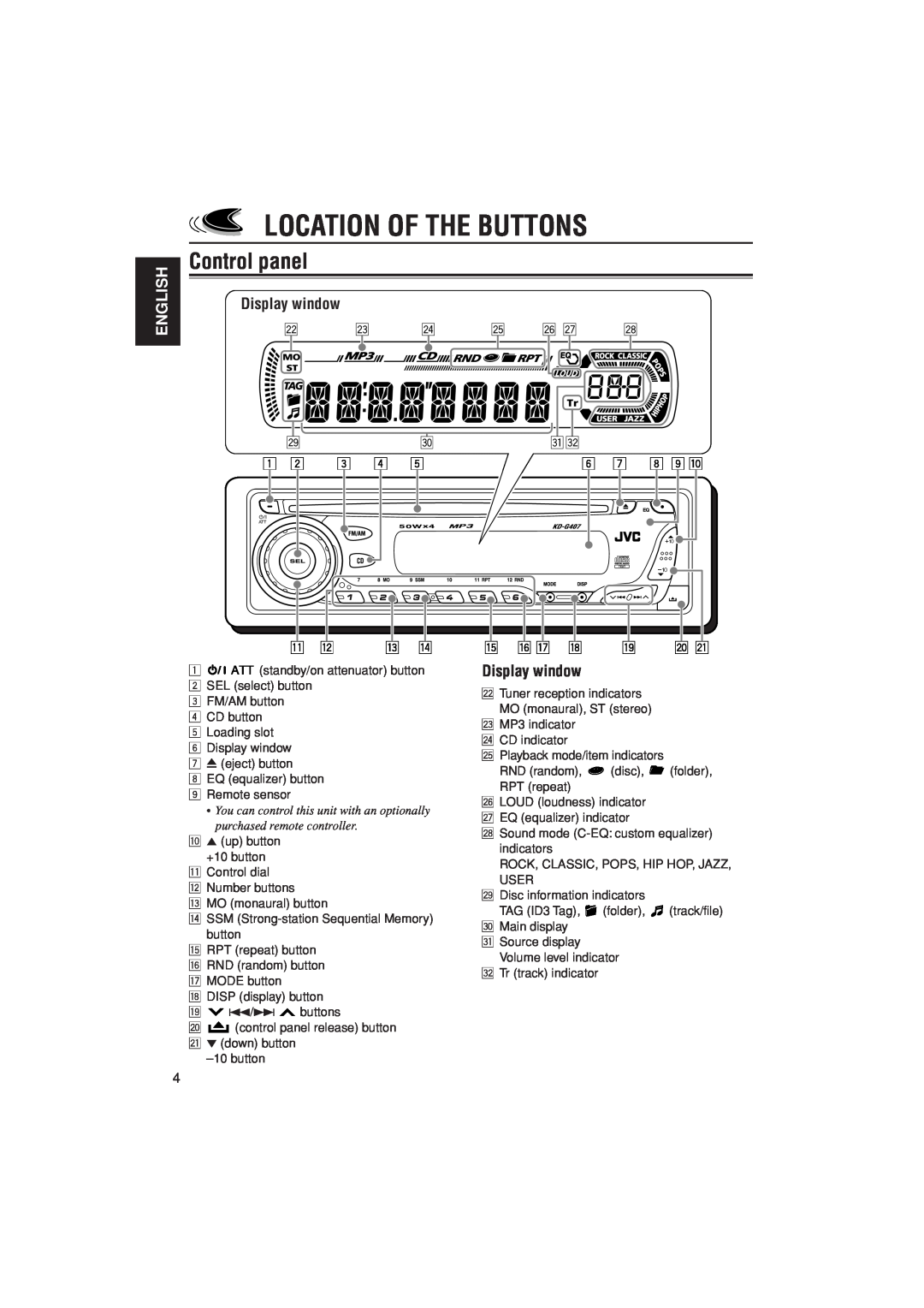 JVC KD-G407 manual Location Of The Buttons, Control panel, Display window, English 