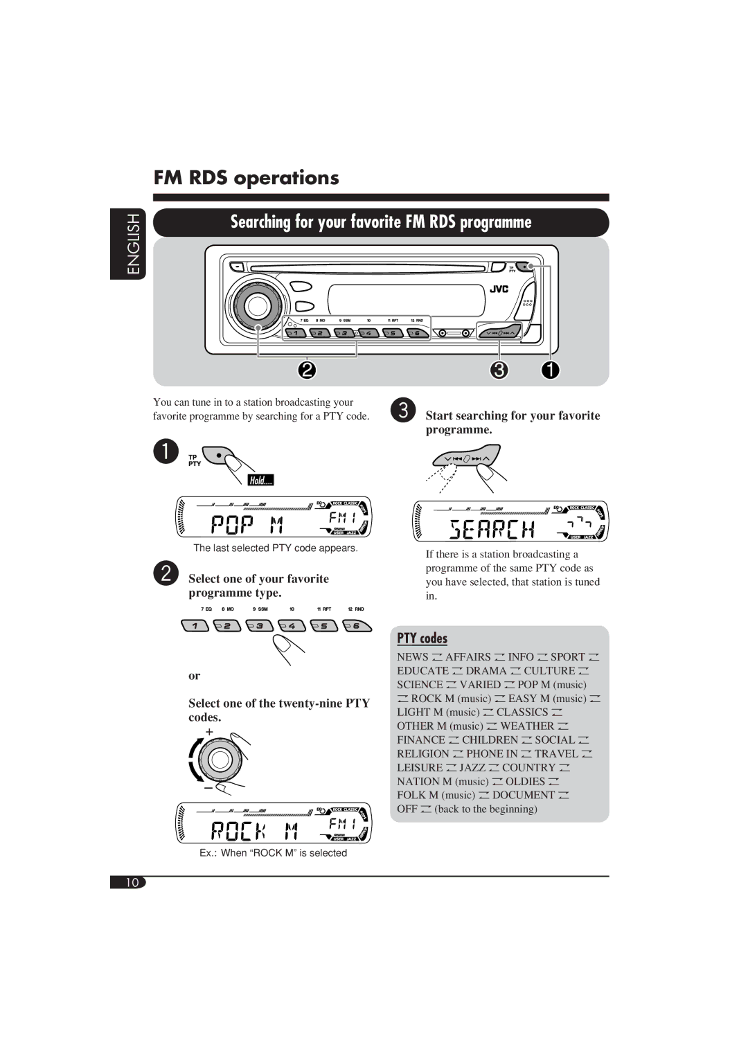 JVC KD-G411 manual FM RDS operations, PTY codes 