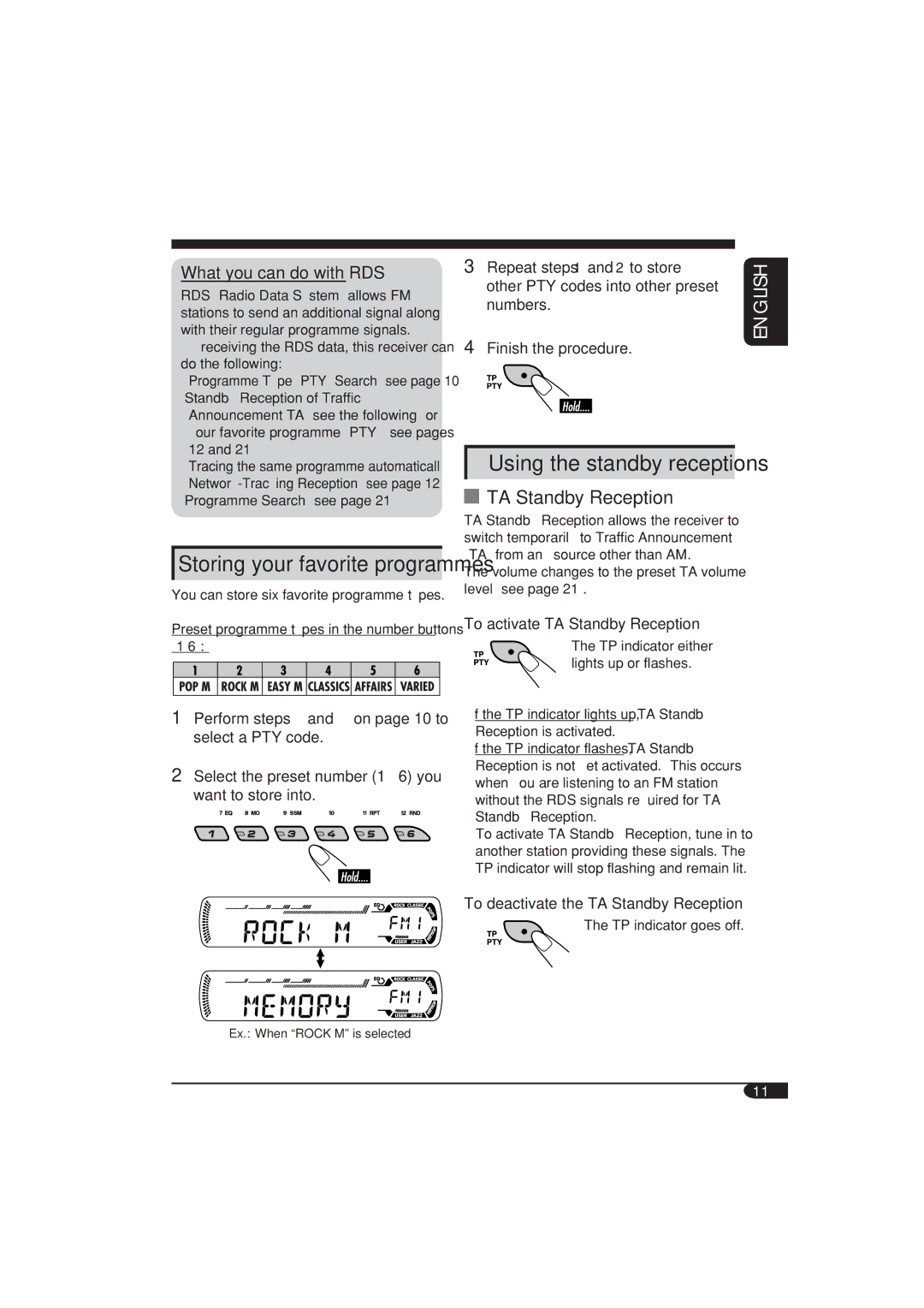 JVC KD-G411 manual TA Standby Reception, What you can do with RDS, Storing your favorite programmes 