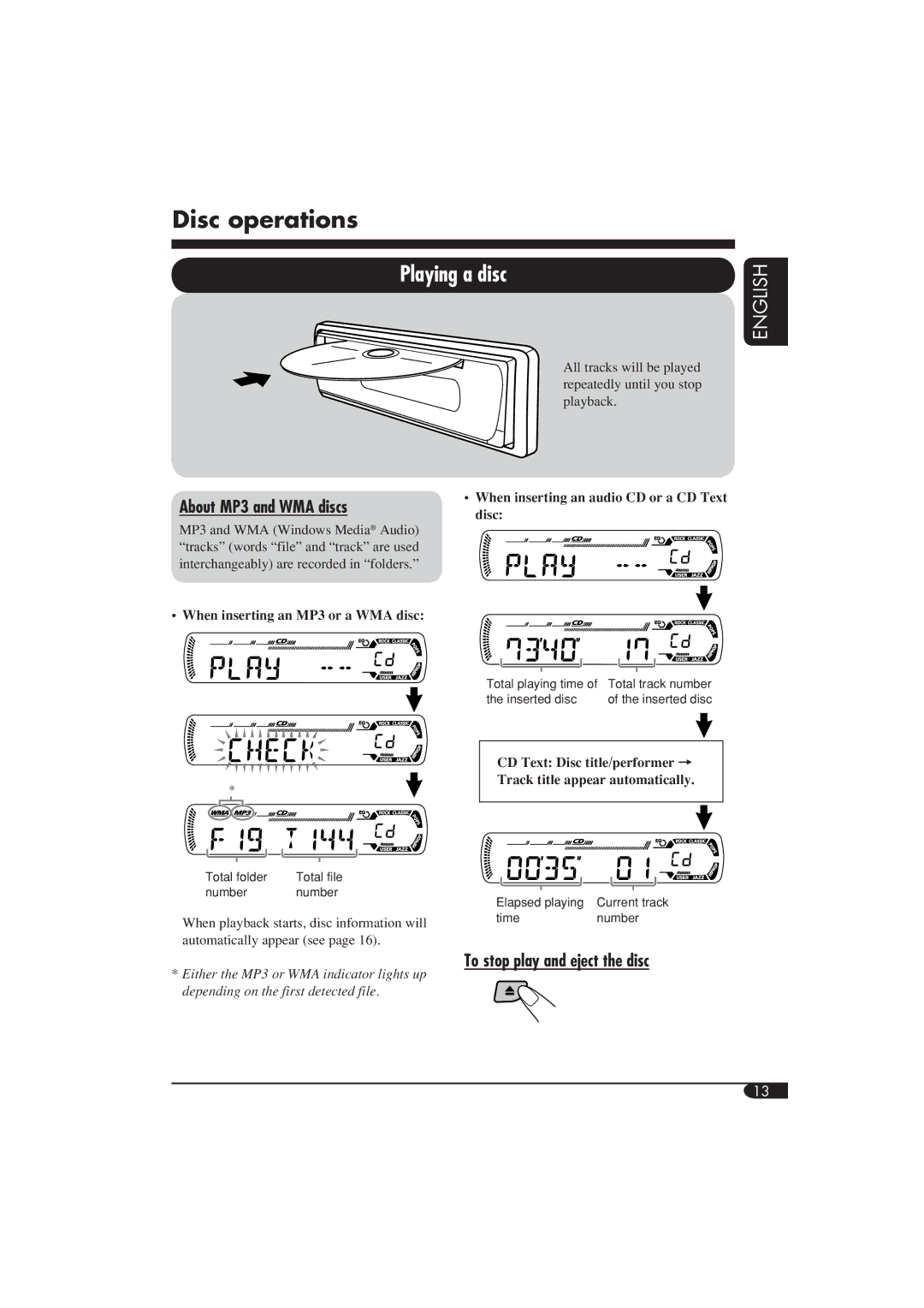 JVC KD-G411 manual Disc operations, About MP3 and WMA discs, To stop play and eject the disc 