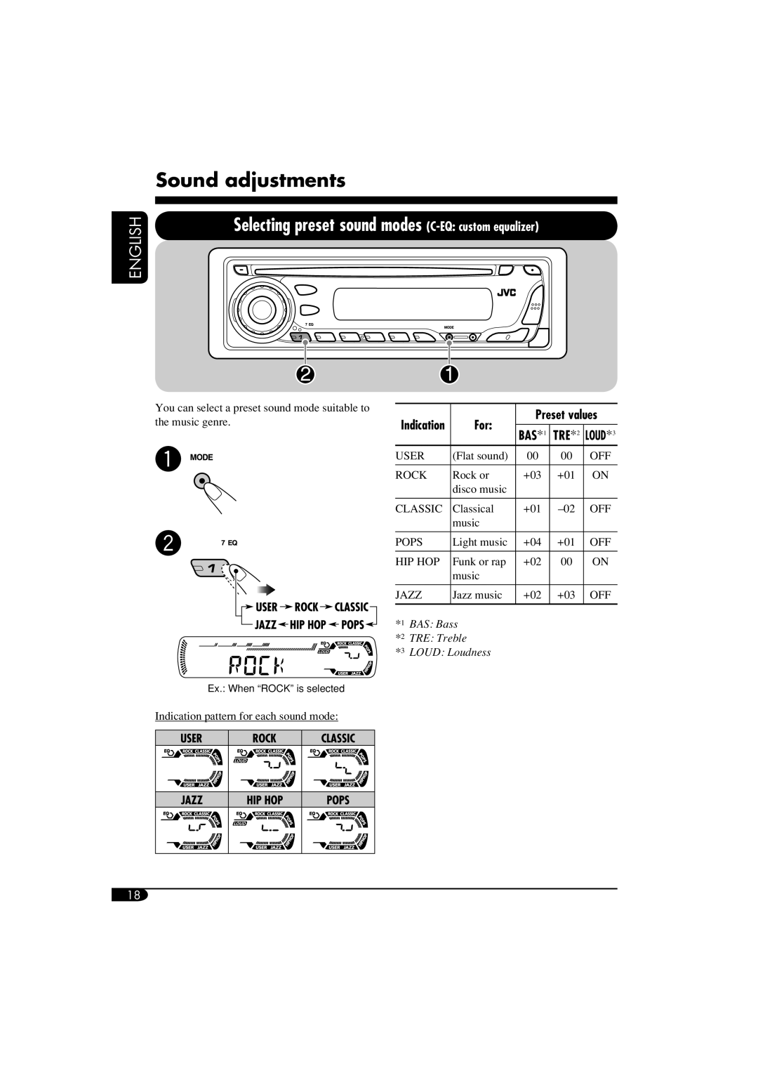 JVC KD-G411 manual Sound adjustments, For Preset values 