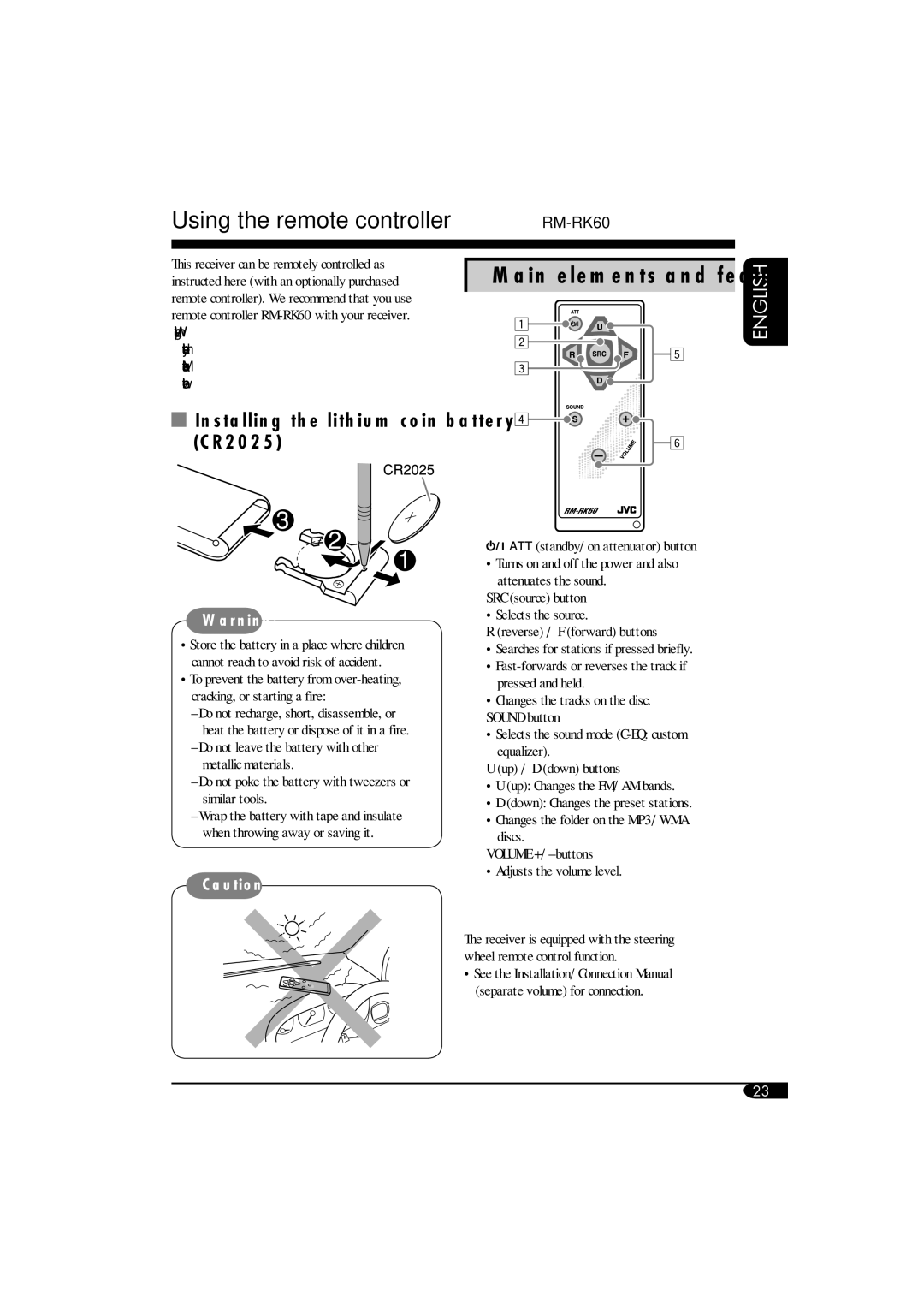 JVC KD-G411 manual Using the remote controller RM-RK60, Installing the lithium coin battery CR2025 