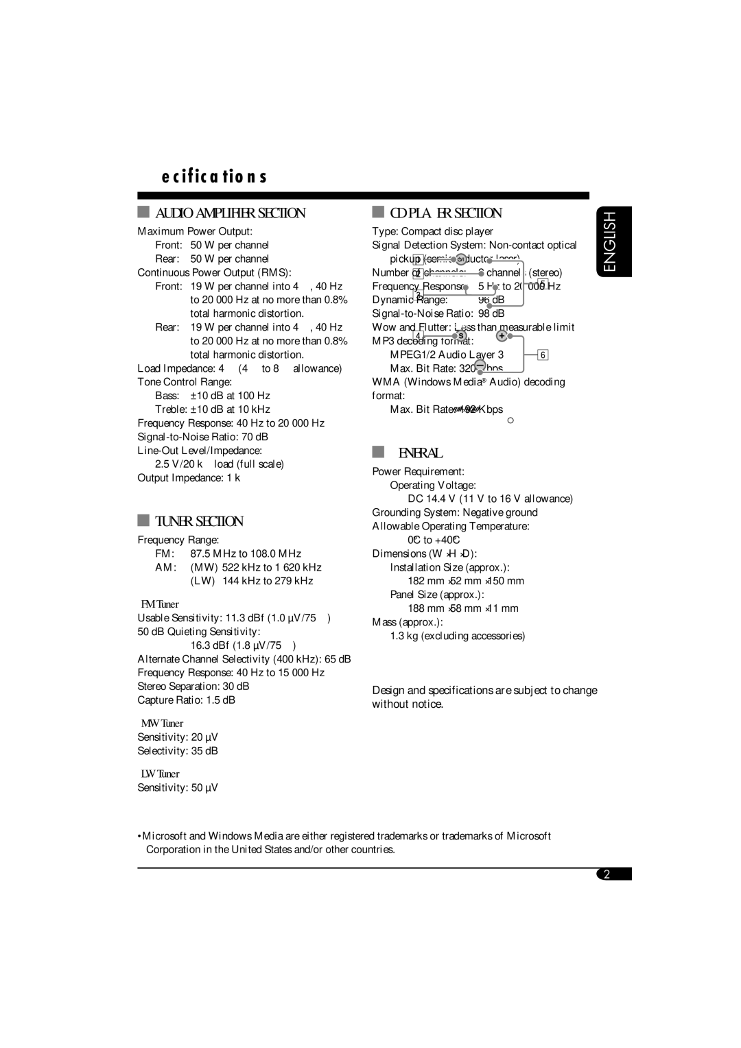 JVC KD-G411 manual Specifications, Audio Amplifier Section 