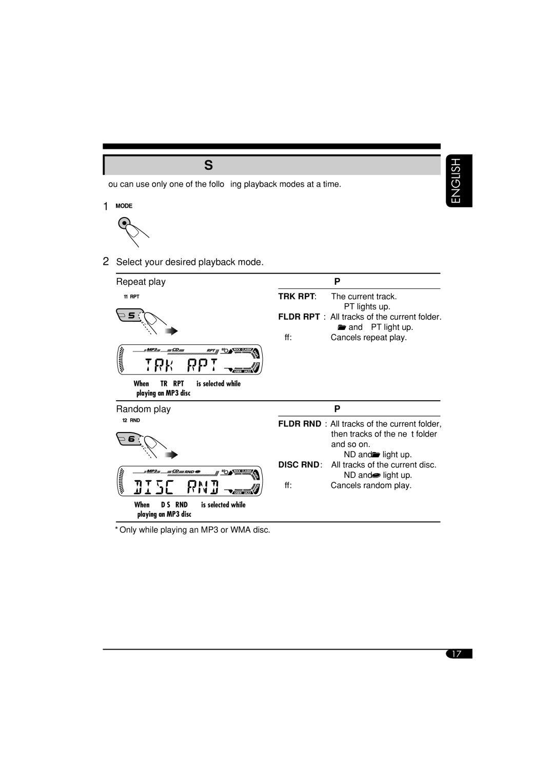 JVC KD-G411 manual Selecting the playback modes 