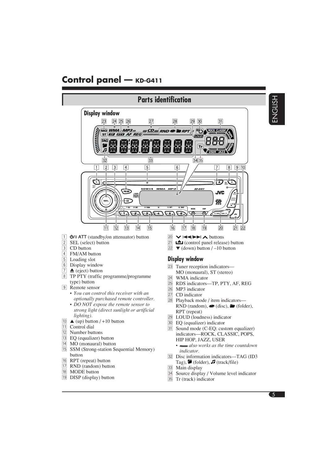 JVC manual Control panel KD-G411, Display window 