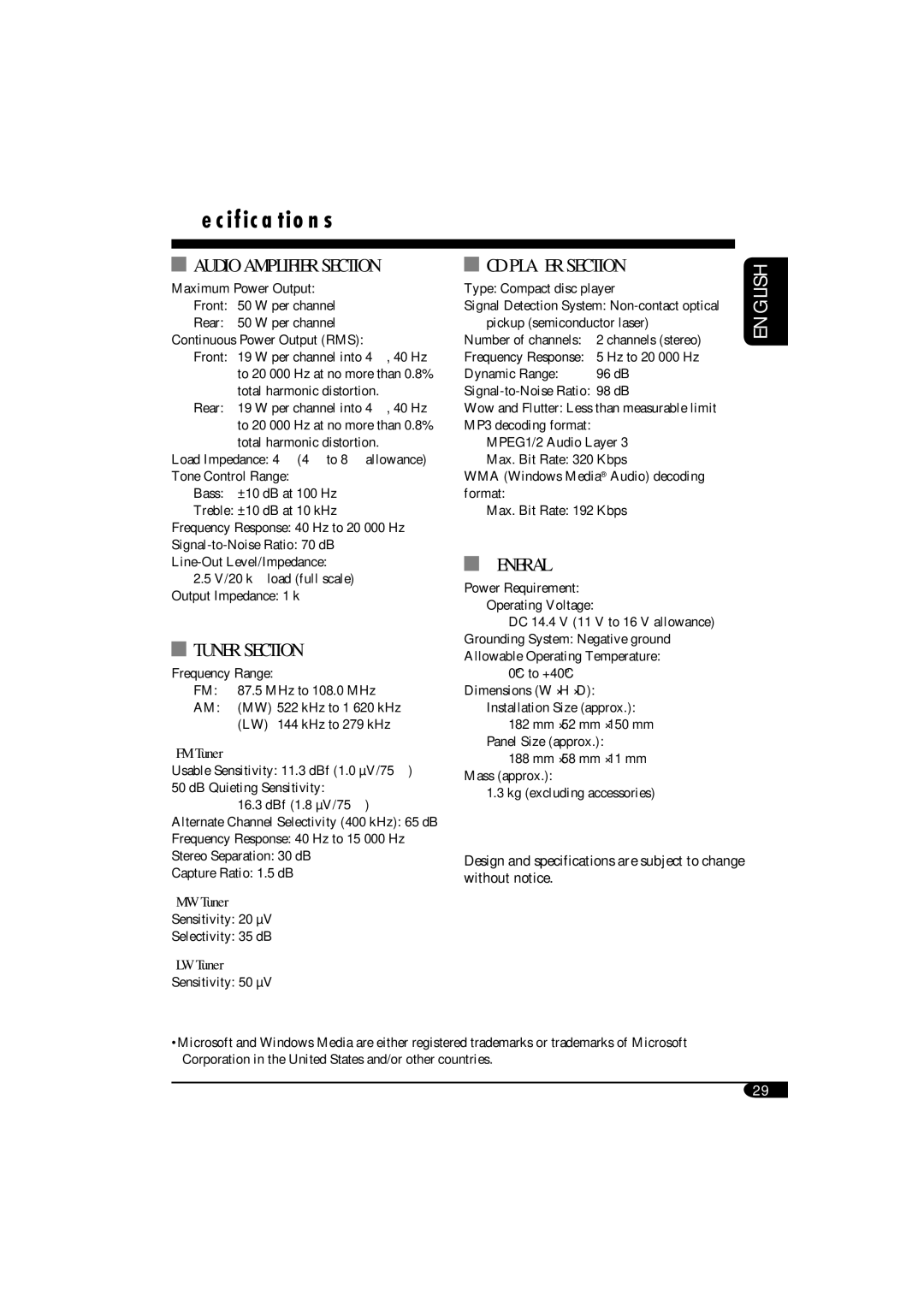 JVC KD-G411 manual Specifications 