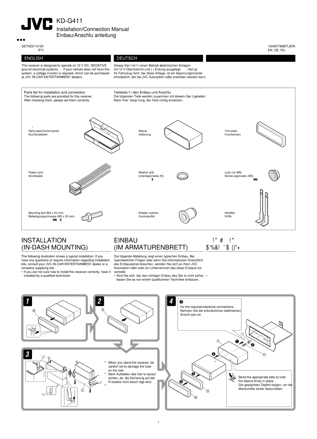 JVC KD-G411 manual Installation Einbau IN-DASH Mounting IM Armaturenbrett 