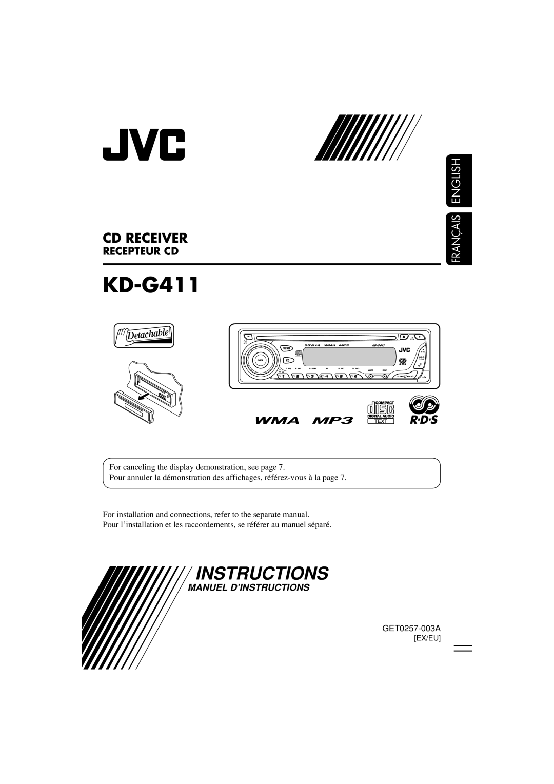 JVC KD-G411 manual Cd Receiver, Recepteur Cd, Manuel D’Instructions, Français English 