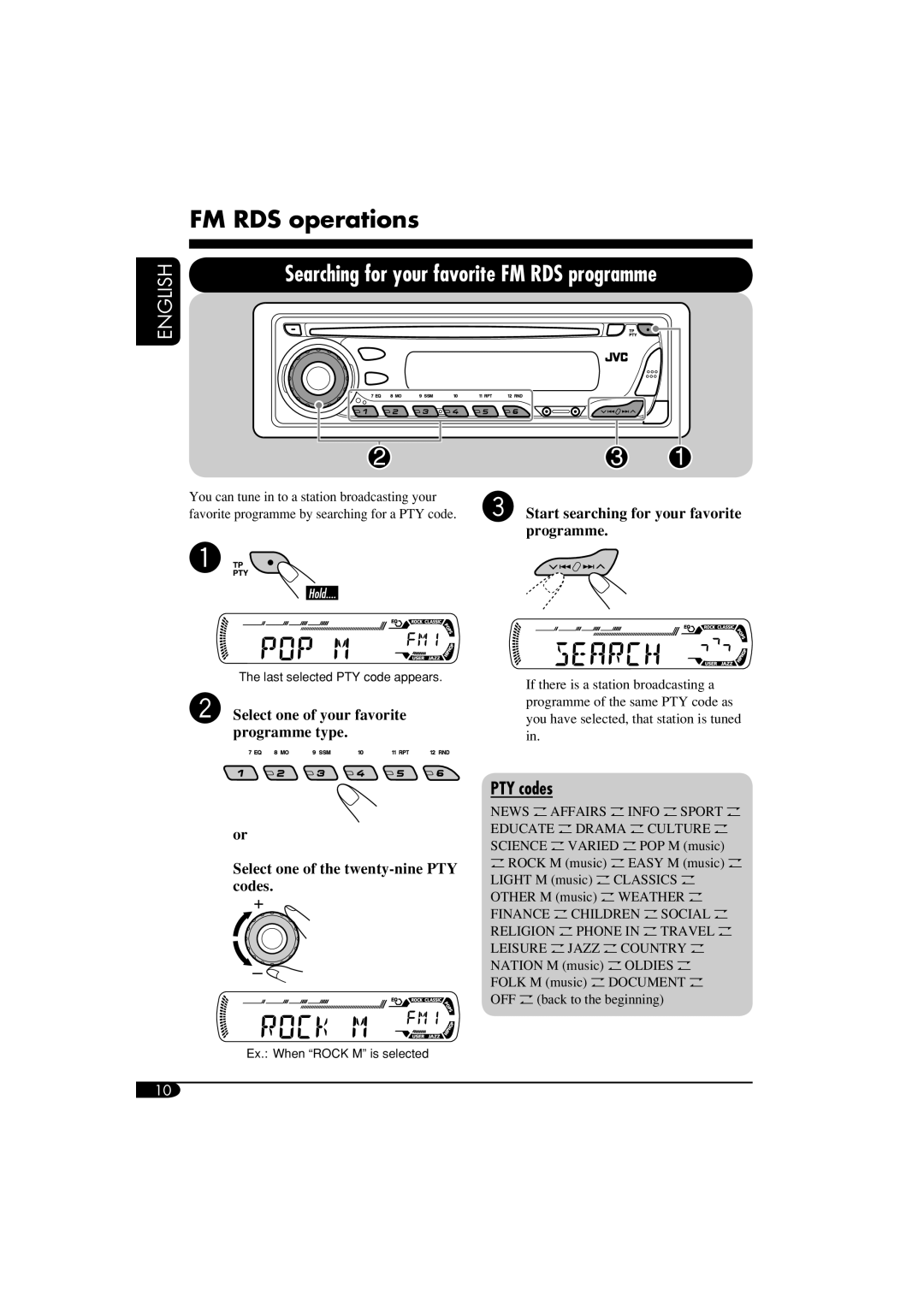 JVC KD-G411 manual FM RDS operations, Searching for your favorite FM RDS programme, PTY codes, English 