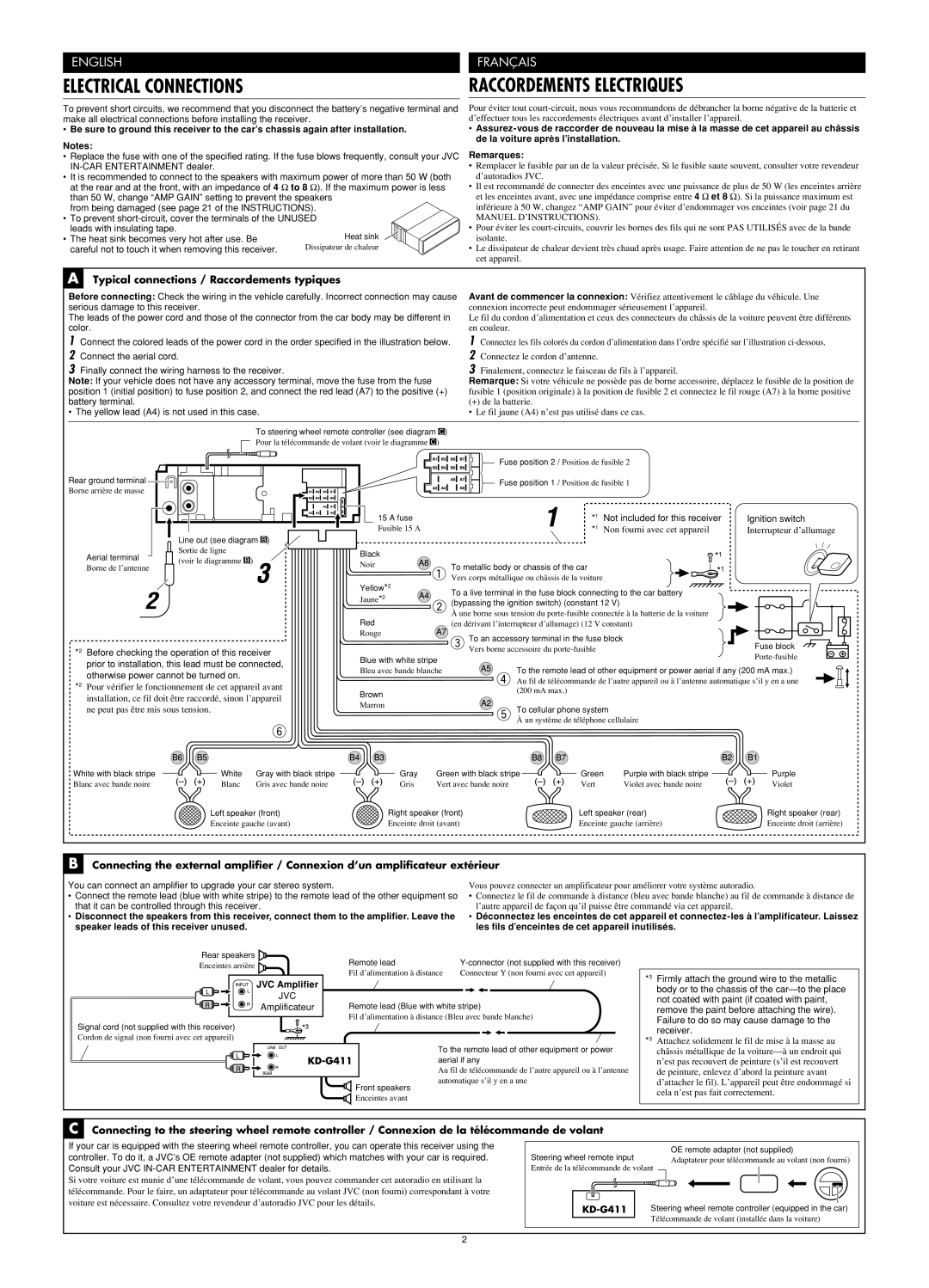 JVC KD-G411 manual Electrical Connections, Raccordements Electriques, English, Français 