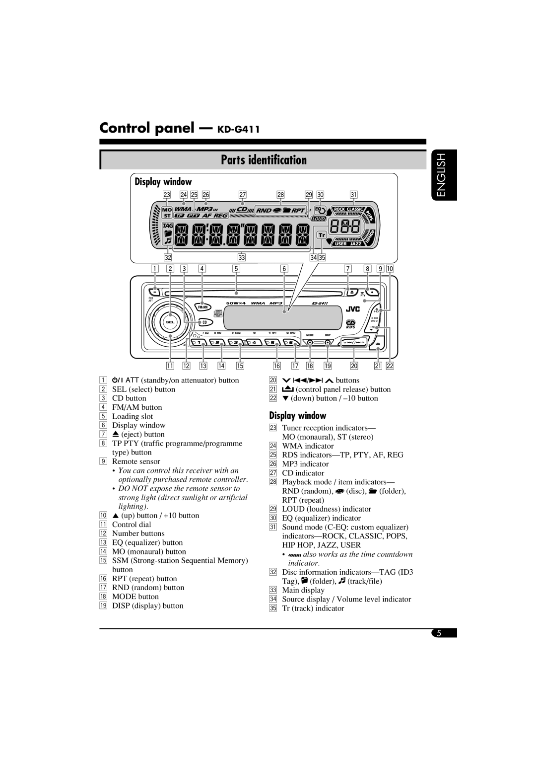 JVC manual Control panel - KD-G411, Parts identification, Display window, English 