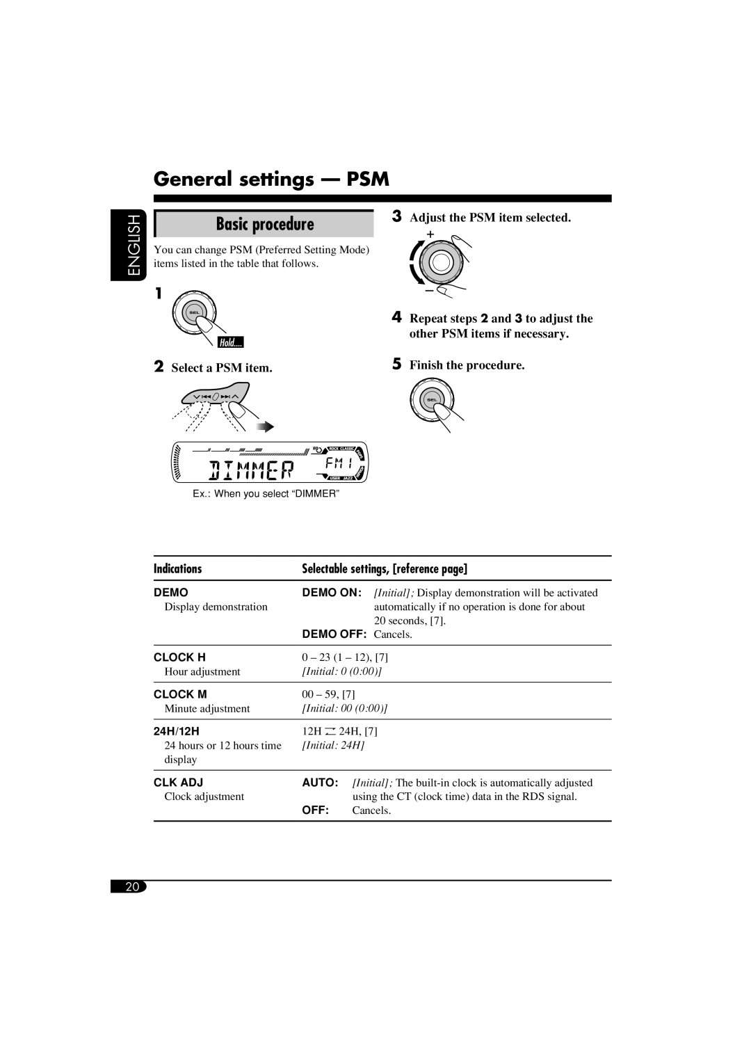 JVC KD-G411 General settings - PSM, Basic procedure, English, Adjust the PSM item selected, Select a PSM item, Indications 