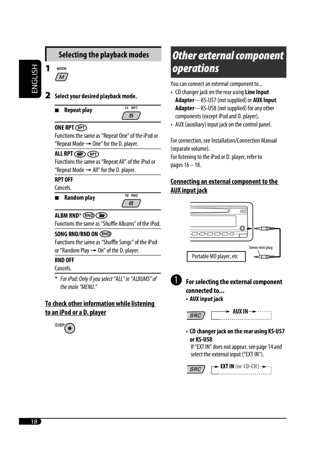 JVC KD-G431 manual Selecting the playback modes 