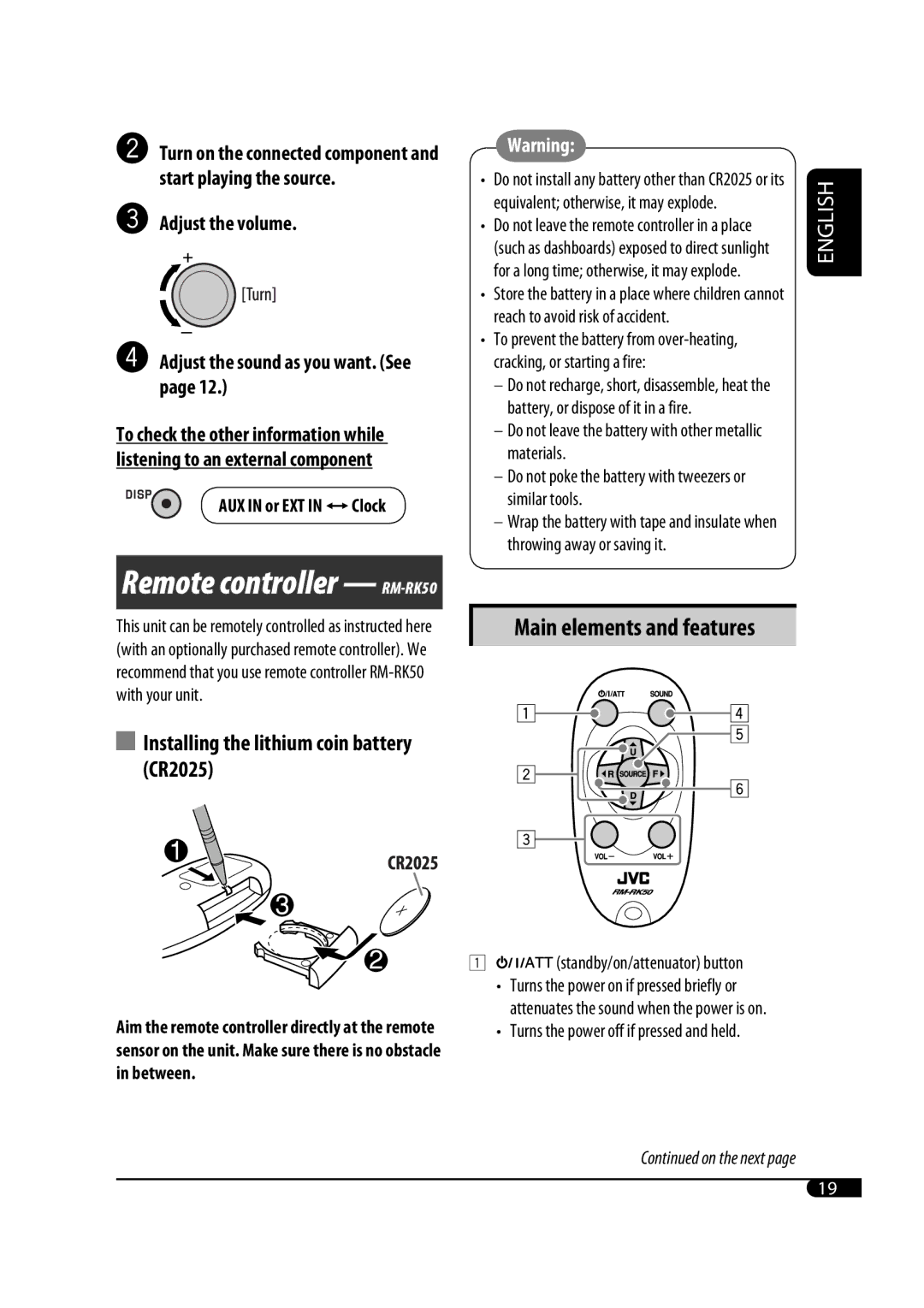 JVC KD-G431 manual Main elements and features, Installing the lithium coin battery CR2025, AUX in or EXT in ÔClock 