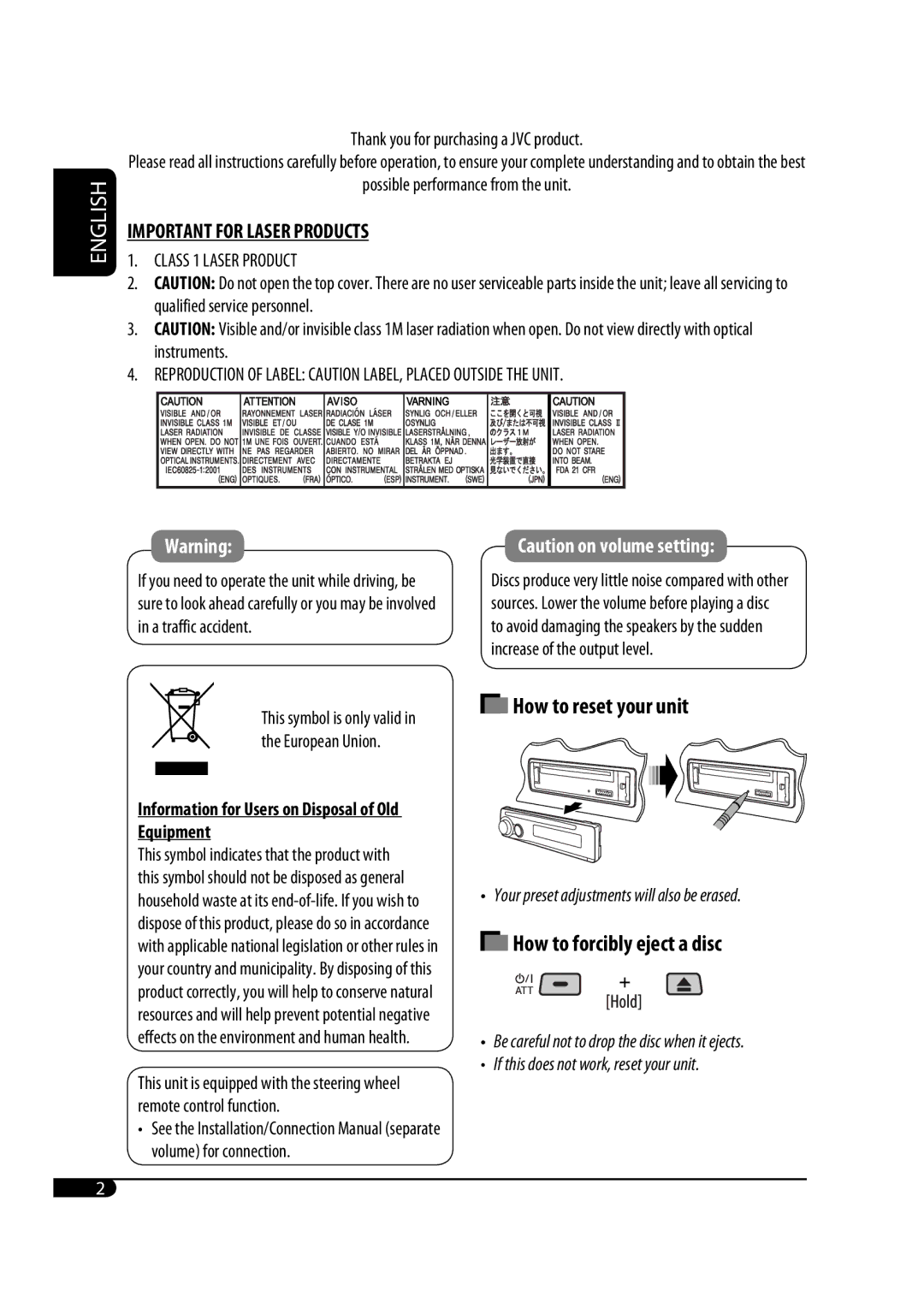 JVC KD-G431 manual How to reset your unit, How to forcibly eject a disc, Thank you for purchasing a JVC product 