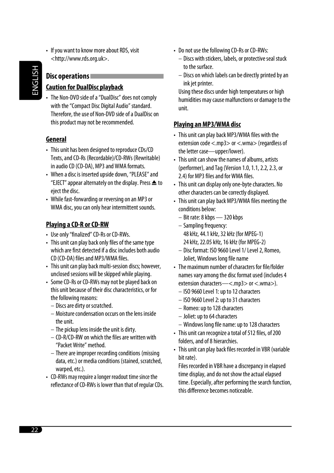 JVC KD-G431 manual General, Playing a CD-R or CD-RW, Playing an MP3/WMA disc, Disc operations 