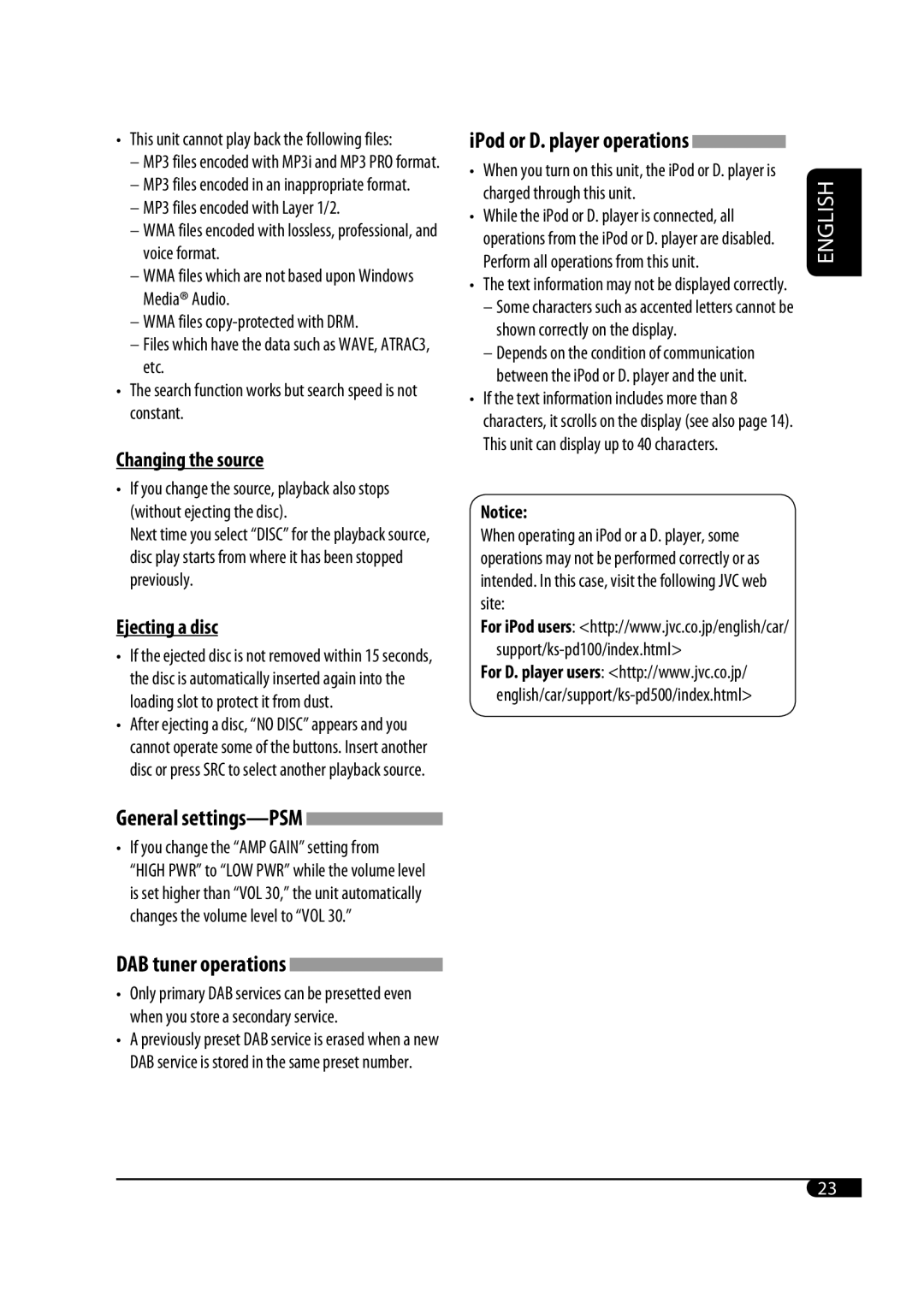 JVC KD-G431 manual Changing the source, Ejecting a disc, IPod or D. player operations 