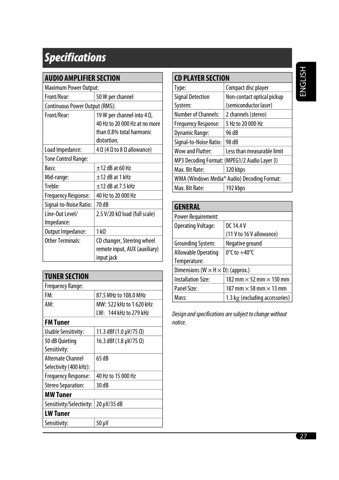 JVC KD-G431 manual Specifications, FM Tuner, MW Tuner, LW Tuner 