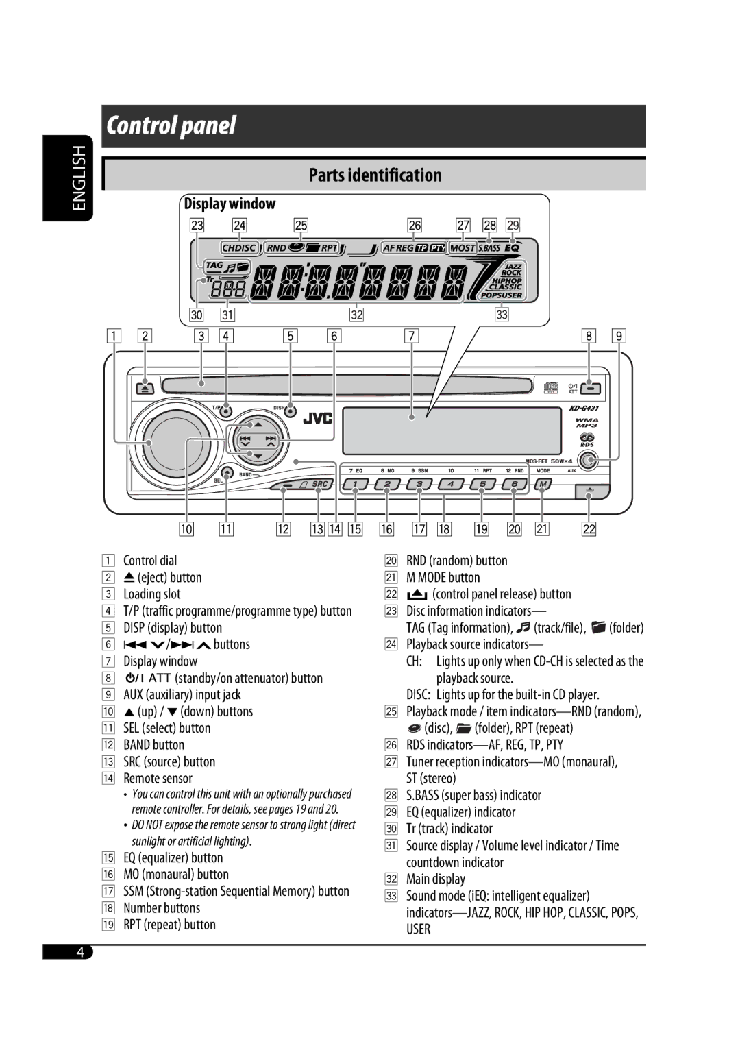 JVC KD-G431 manual Control panel, Parts identification, Display window 