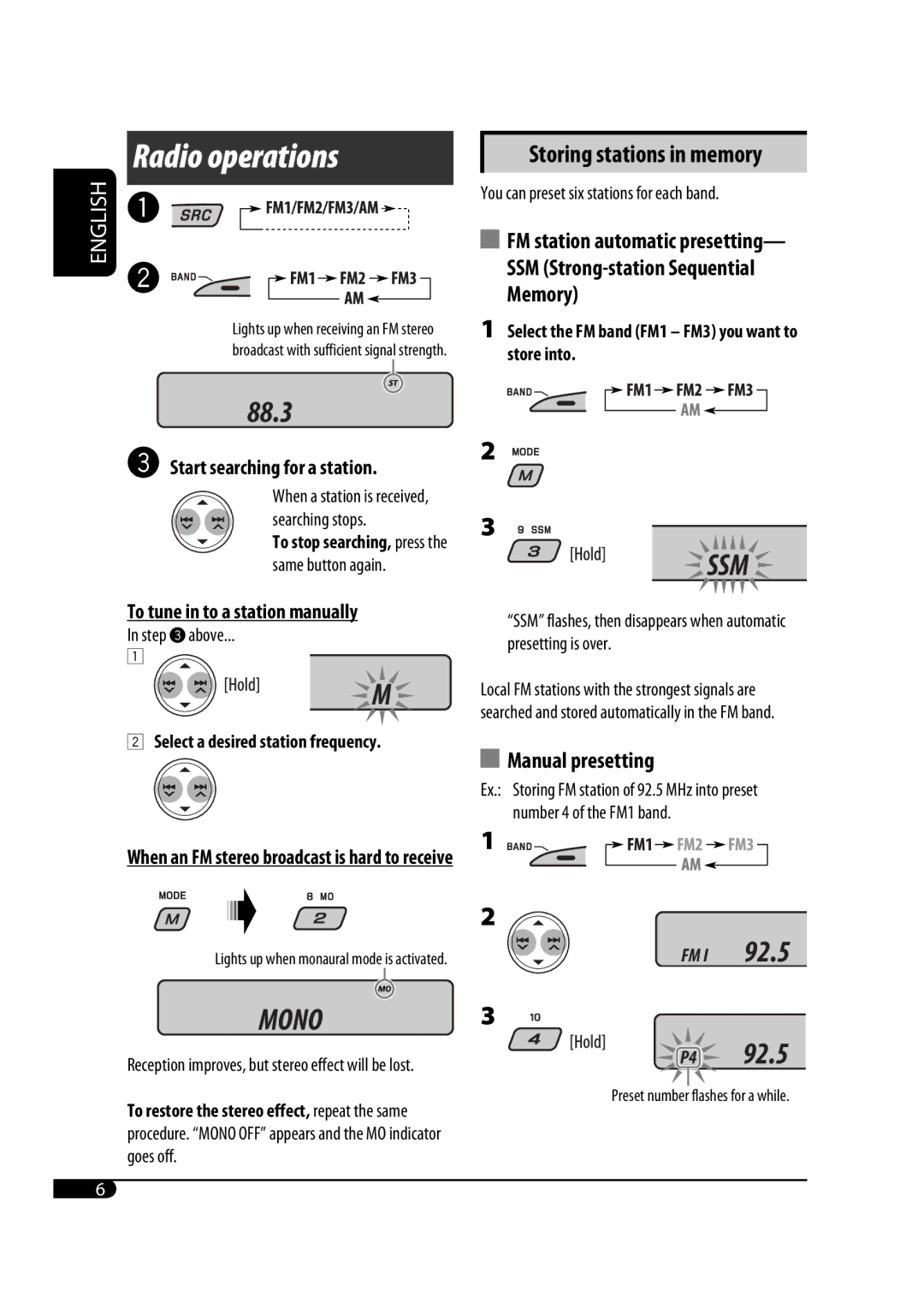 JVC KD-G431 manual Radio operations, Storing stations in memory, Manual presetting, Start searching for a station 