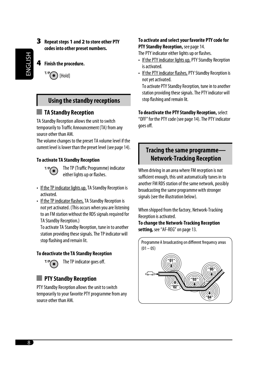 JVC KD-G431 manual Network-Tracking Reception, TA Standby Reception, PTY Standby Reception, Using the standby receptions 