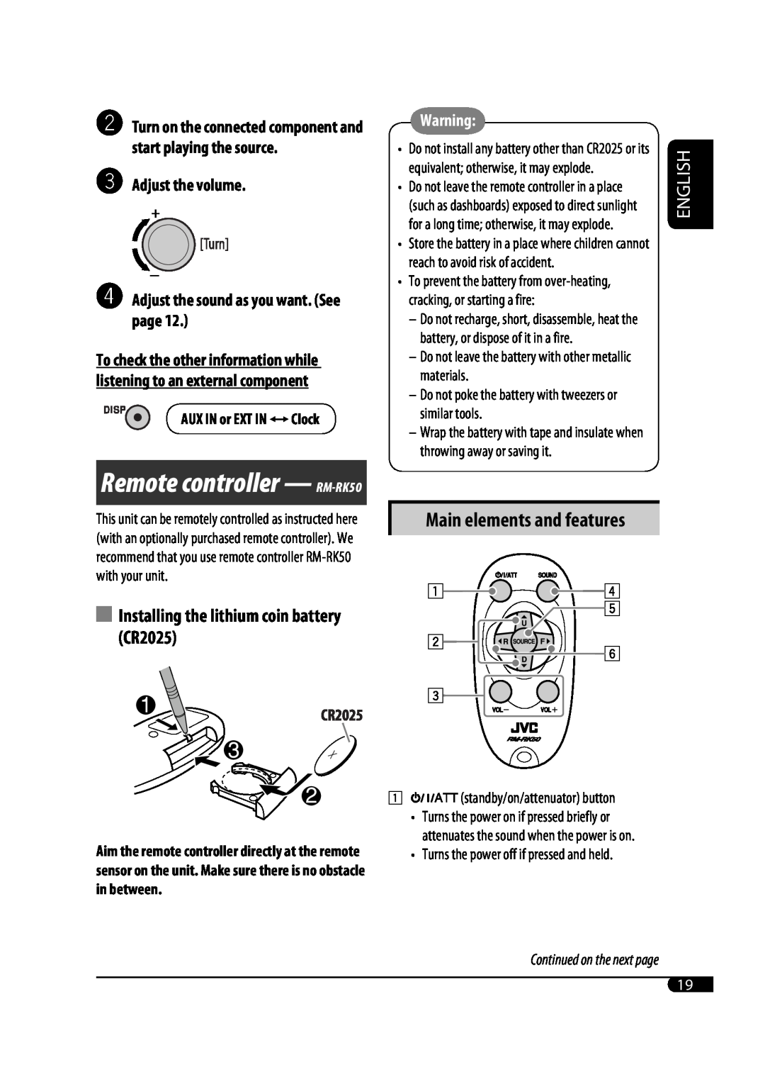 JVC KD-G431 manual Remote controller - RM-RK50, Main elements and features, Installing the lithium coin battery CR2025 