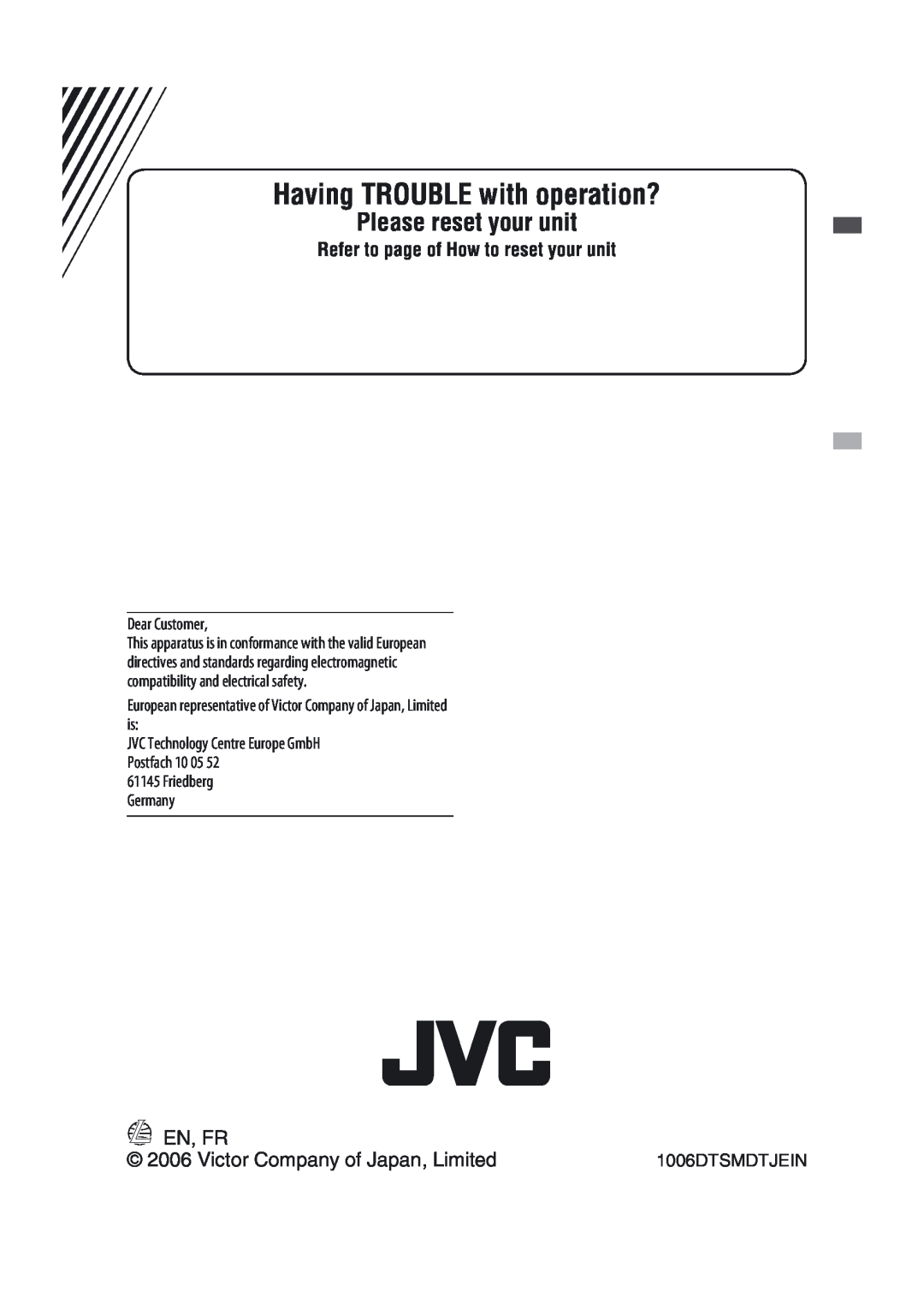 JVC KD-G431 manual En, Fr, Victor Company of Japan, Limited, Having TROUBLE with operation?, Please reset your unit 