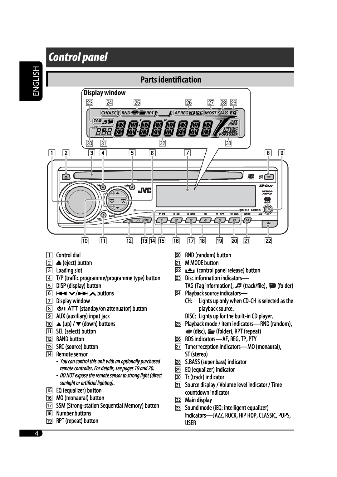 JVC KD-G431 manual Control panel, Parts identification, Display window, English 