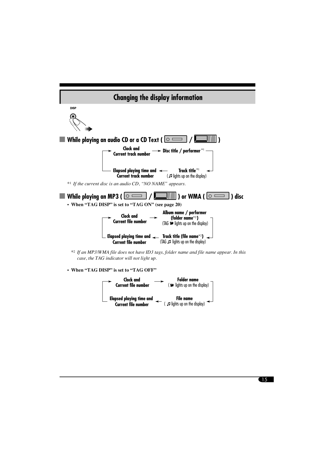 JVC KD-G464 Changing the display information, While playing an audio CD or a CD Text, While playing an MP3 / or WMA disc 