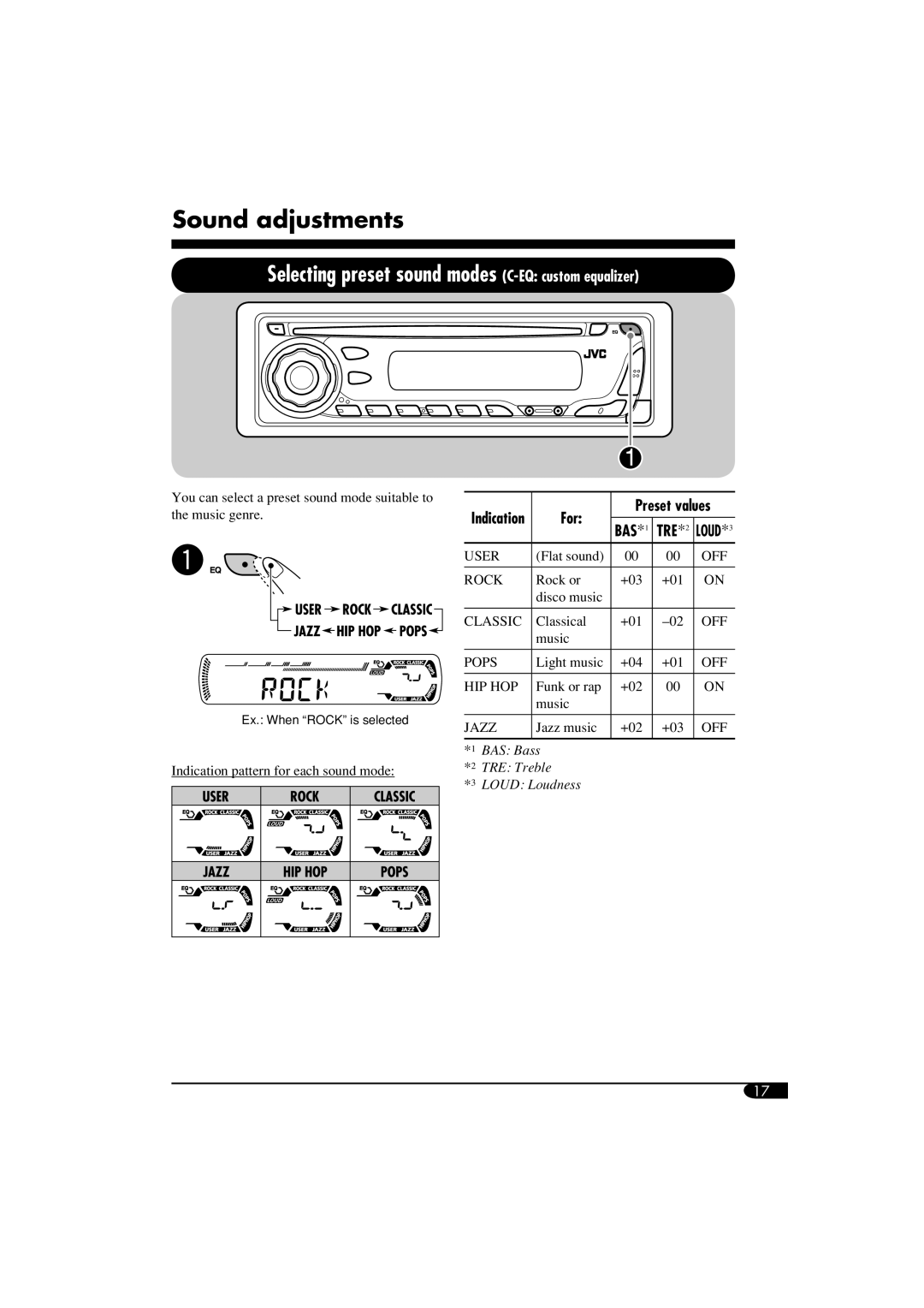 JVC KD-G464 manual Sound adjustments, For Preset values 