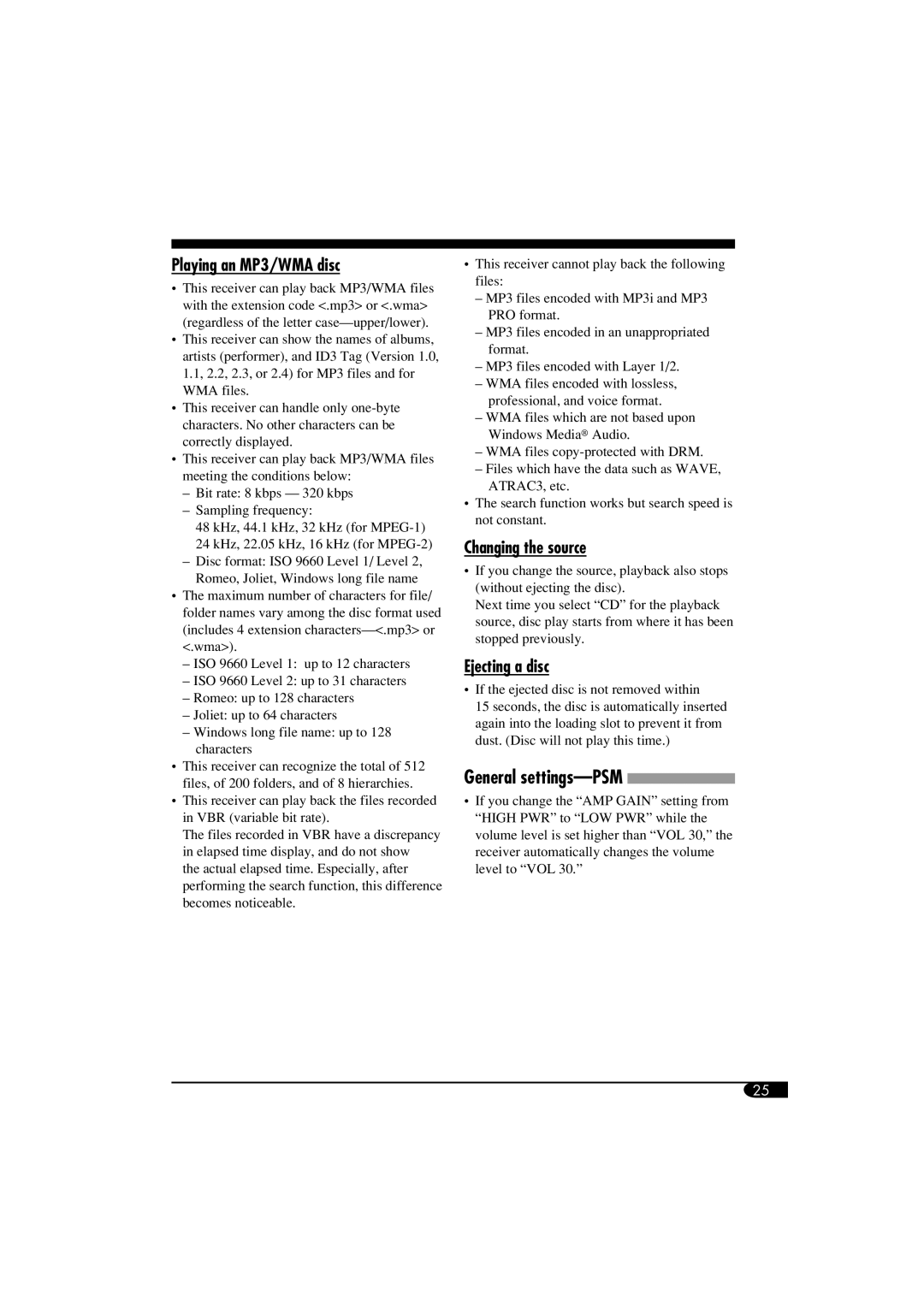 JVC KD-G464 manual General settings-PSM, Playing an MP3/WMA disc, Changing the source, Ejecting a disc 