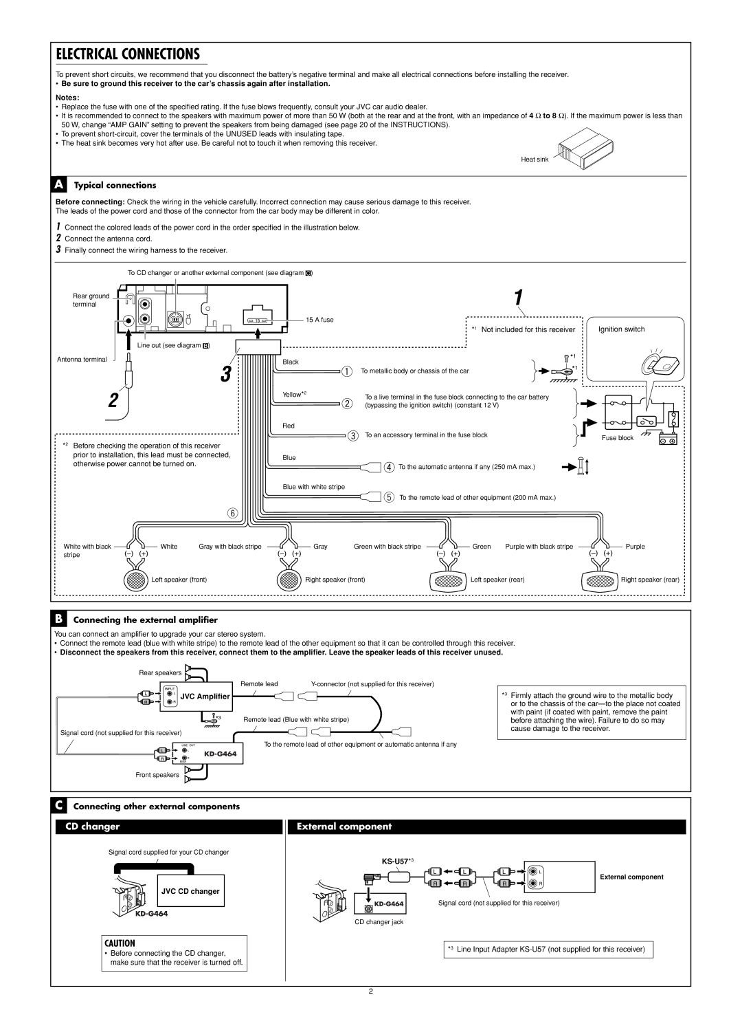 JVC KD-G464 manual Typical connections, Connecting the external ampliﬁer, Connecting other external components 