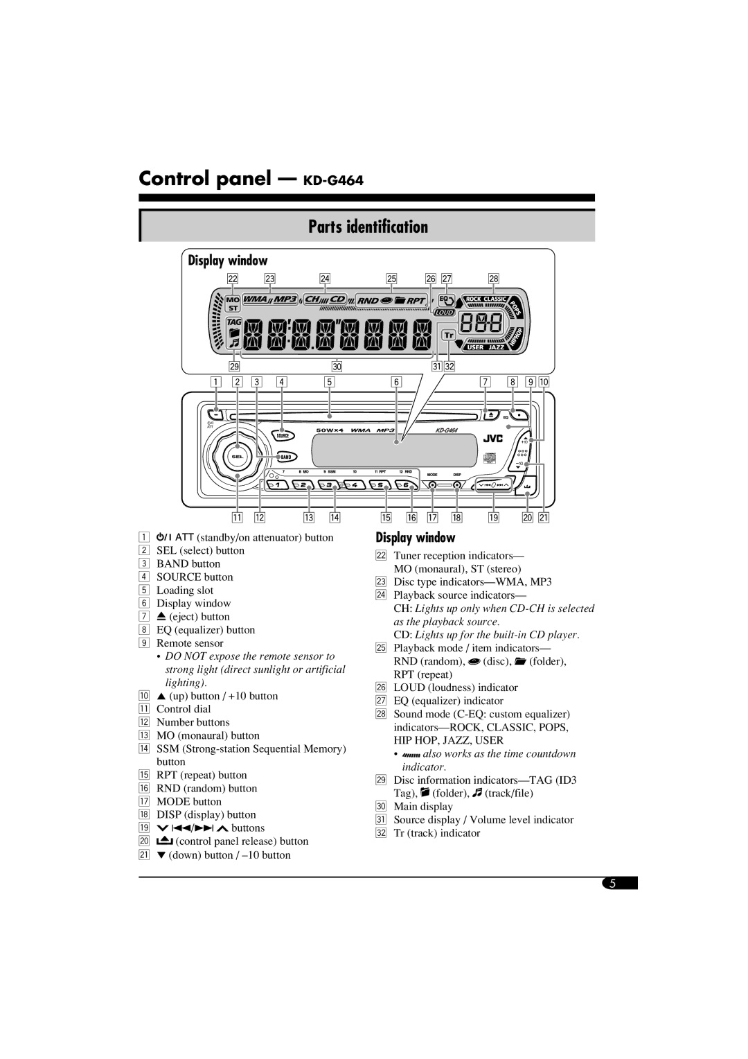 JVC manual Control panel KD-G464, Parts identification, Display window 