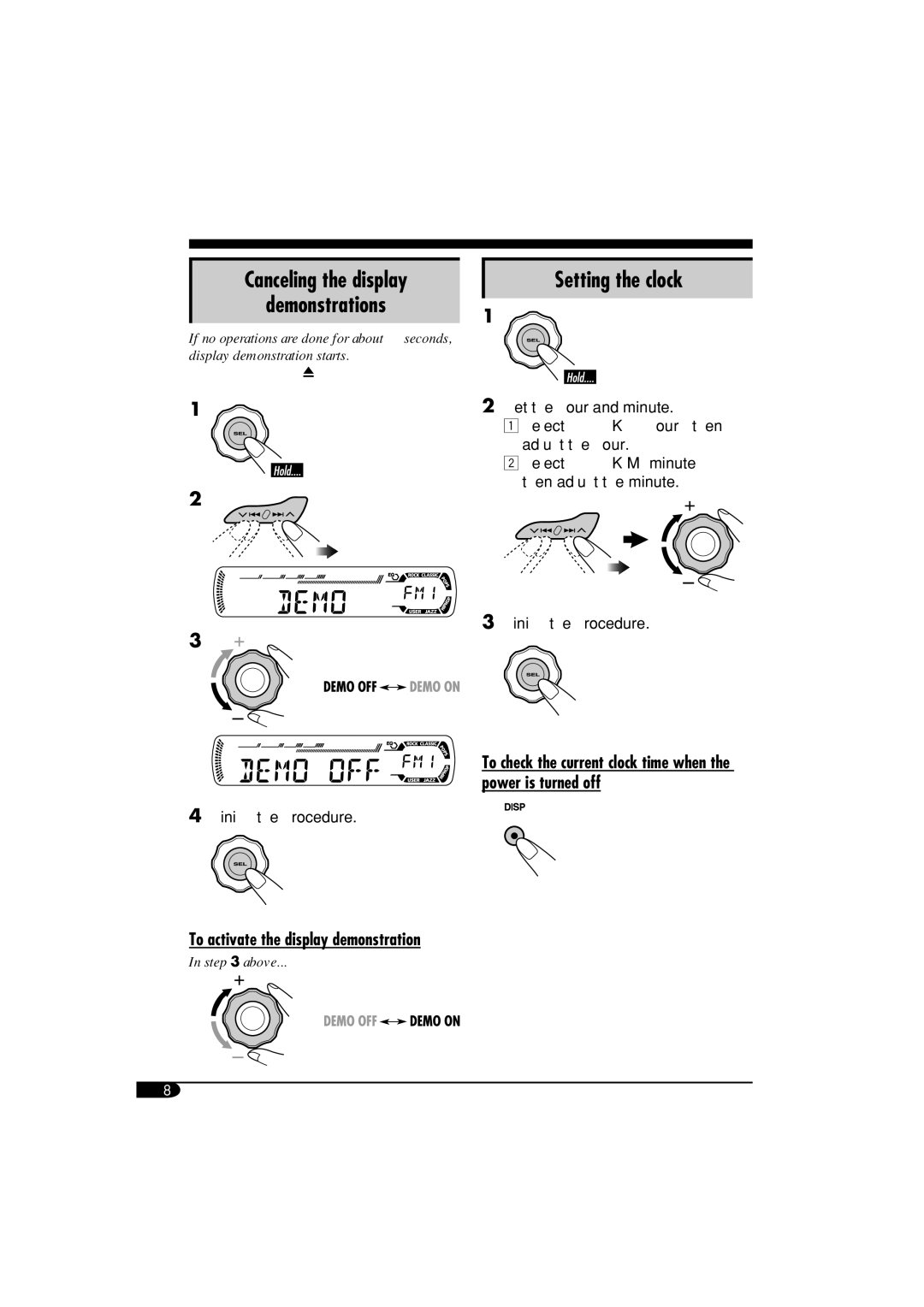 JVC KD-G464 manual Setting the clock, To activate the display demonstration, Canceling the display, Demonstrations 