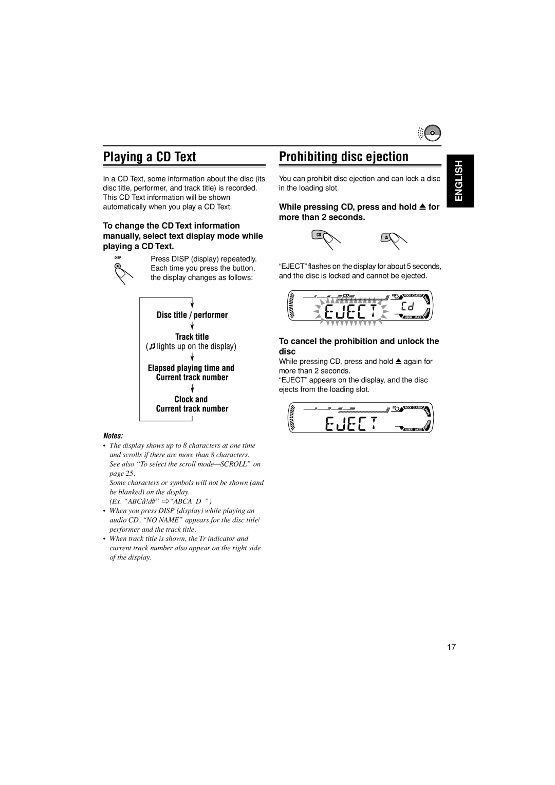 JVC KD-G498 manual Playing a CD Text Prohibiting disc ejection, While pressing CD, press and hold 0 for more than 2 seconds 