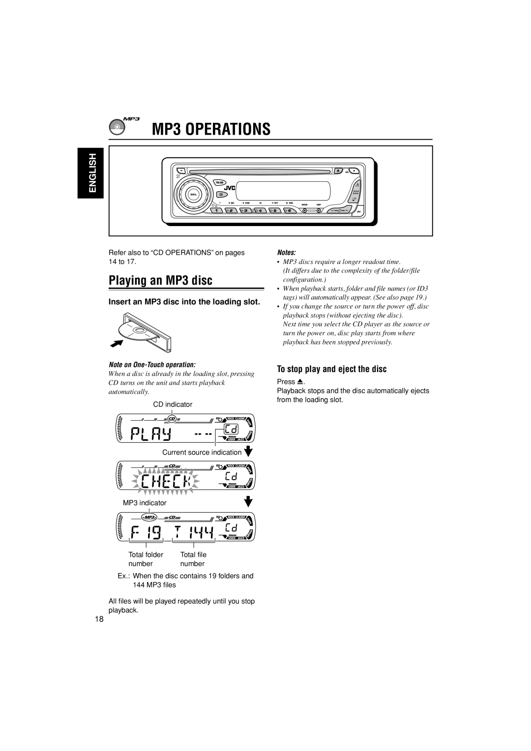 JVC KD-G498 MP3 Operations, Playing an MP3 disc, To stop play and eject the disc, Insert an MP3 disc into the loading slot 