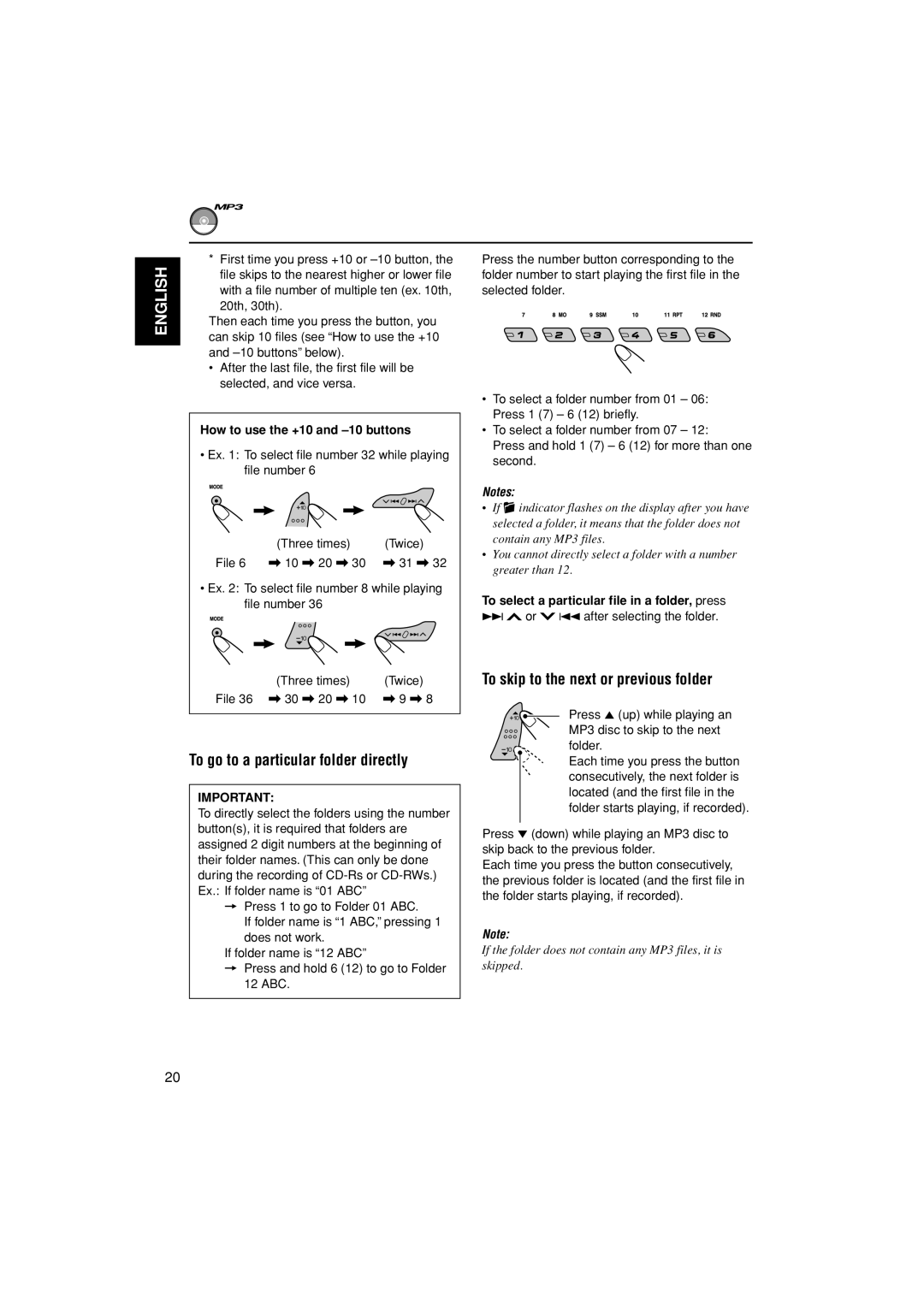 JVC KD-G498 manual To go to a particular folder directly, To skip to the next or previous folder 