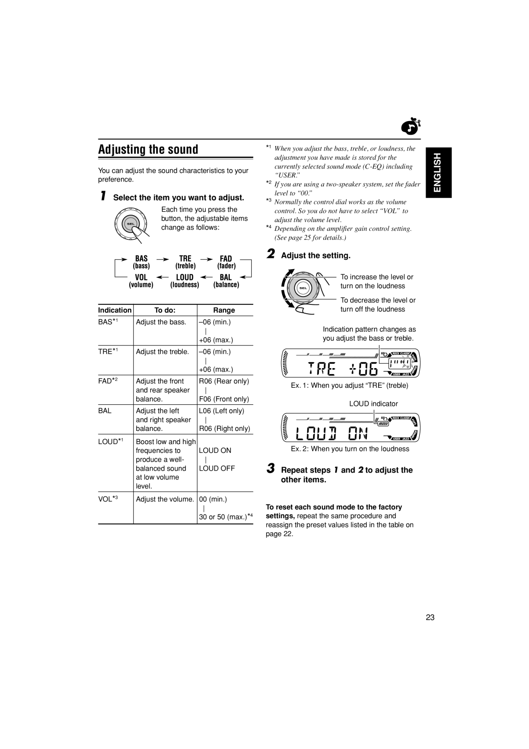 JVC KD-G498 manual Adjusting the sound, Select the item you want to adjust, Adjust the setting 