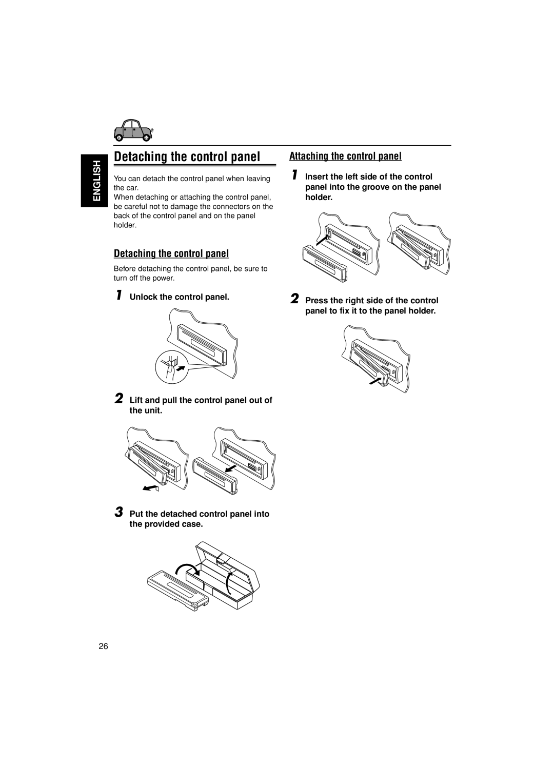 JVC KD-G498 manual Detaching the control panel, Attaching the control panel 