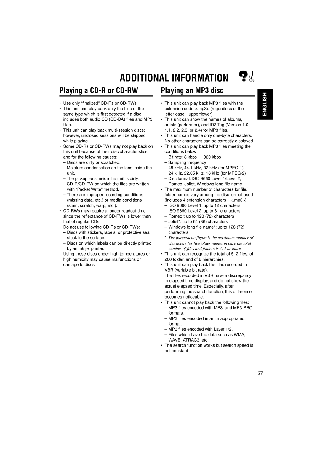 JVC KD-G498 manual Additional Information, Playing a CD-R or CD-RW Playing an MP3 disc 