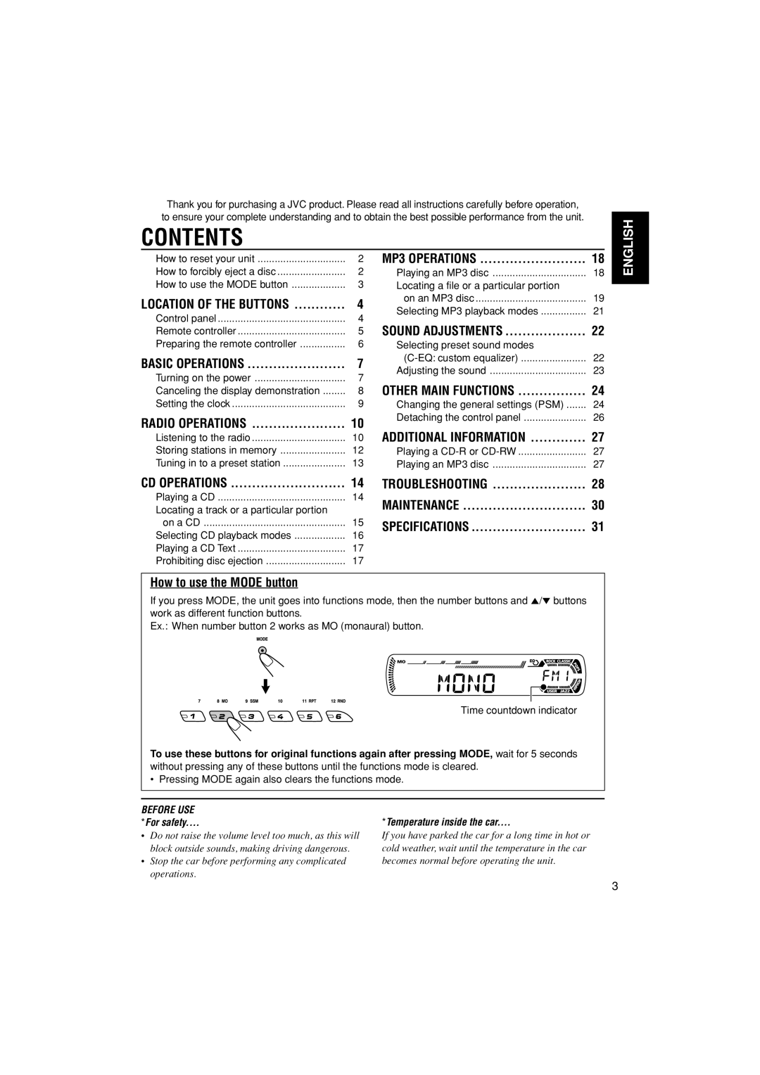 JVC KD-G498 manual Contents 