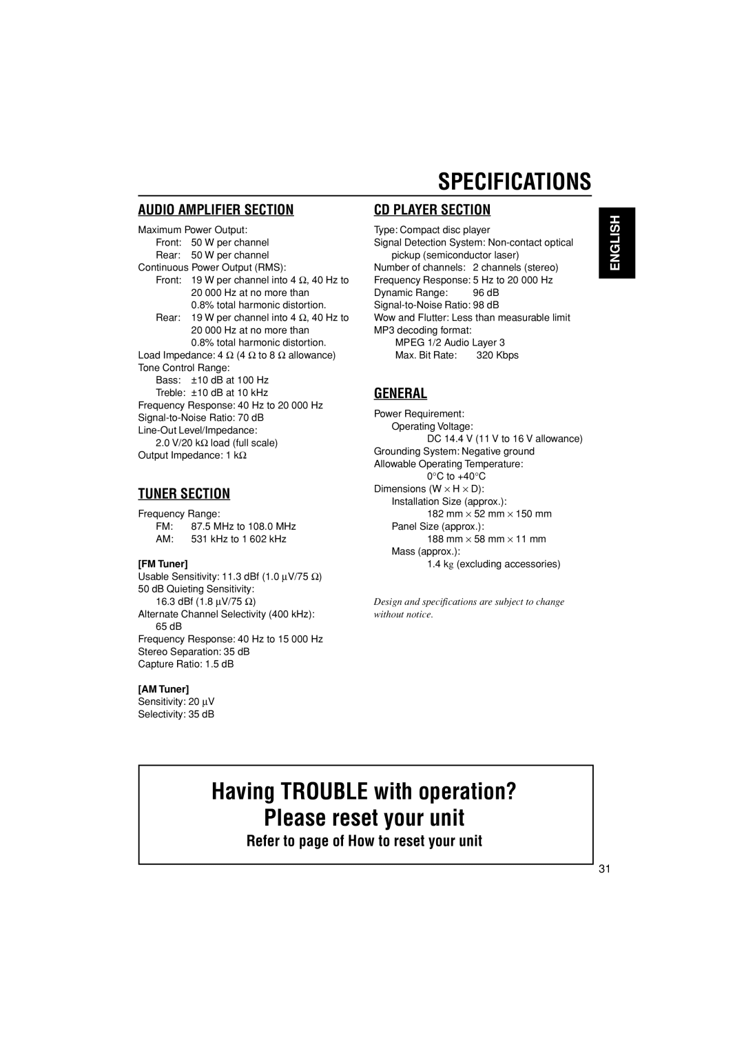 JVC KD-G498 manual Specifications, Frequency Range MHz to 108.0 MHz KHz to 1 602 kHz, FM Tuner, AM Tuner 