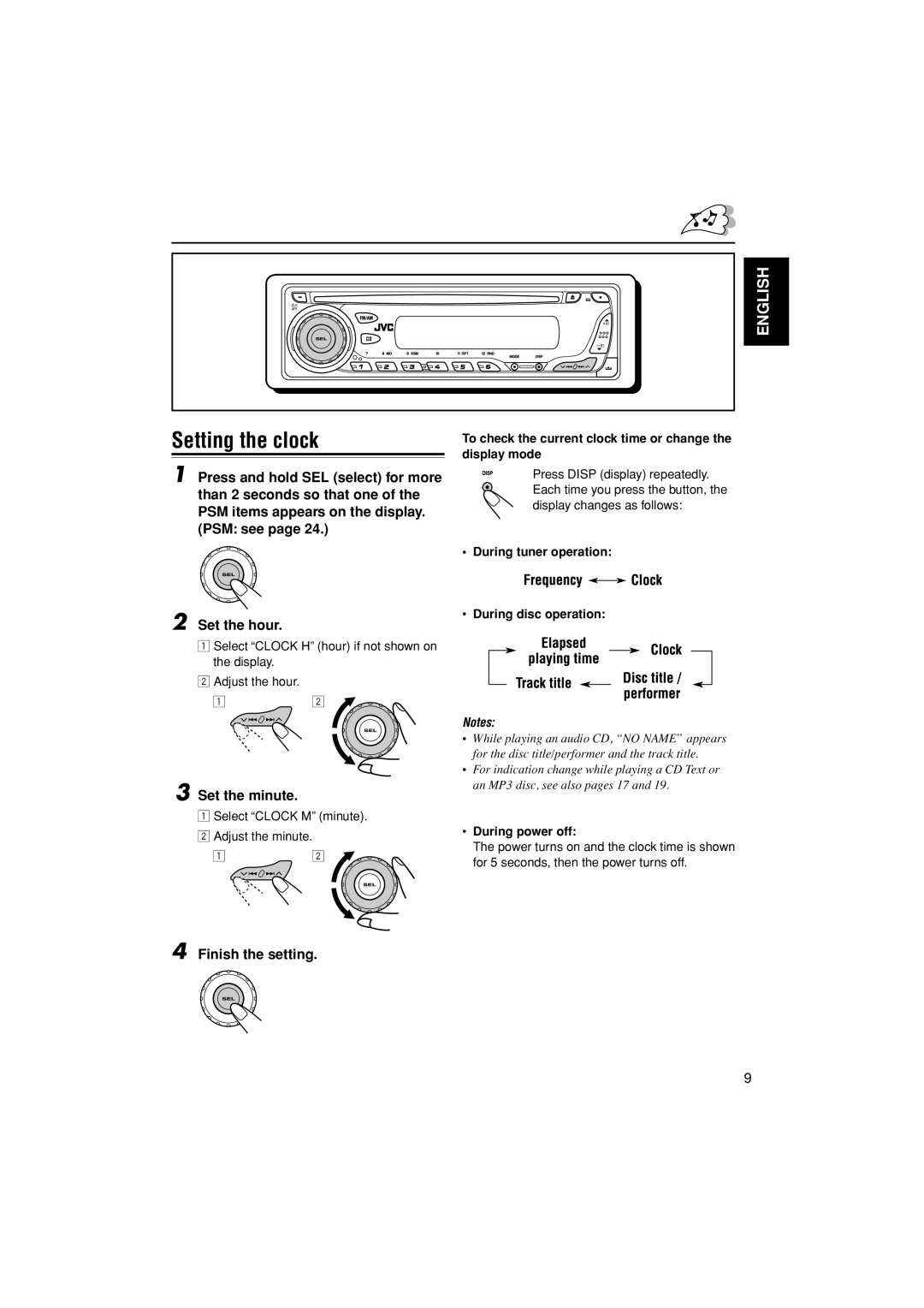 JVC KD-G498 manual Setting the clock, Set the minute, To check the current clock time or change the display mode 