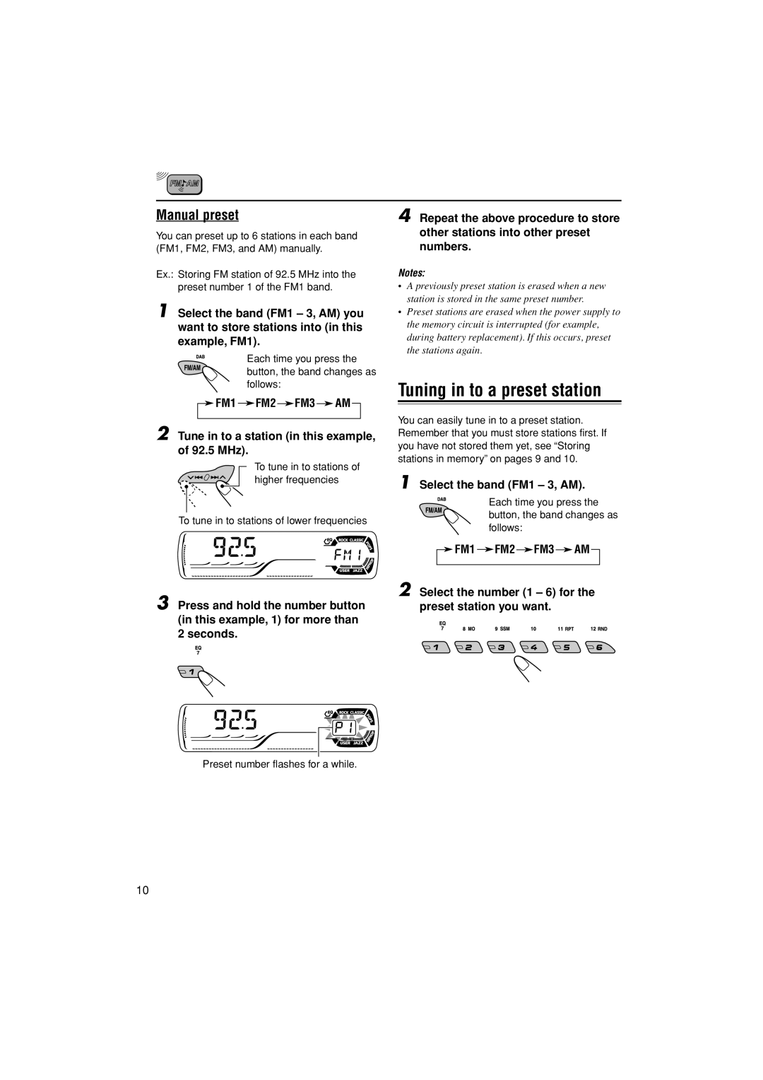 JVC KD-G502 manual Tuning in to a preset station, Manual preset, Preset number flashes for a while 