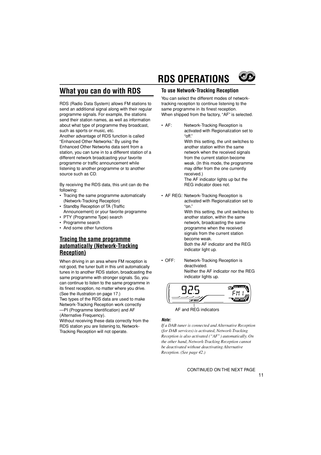 JVC KD-G502 manual RDS Operations, What you can do with RDS, To use Network-Tracking Reception 