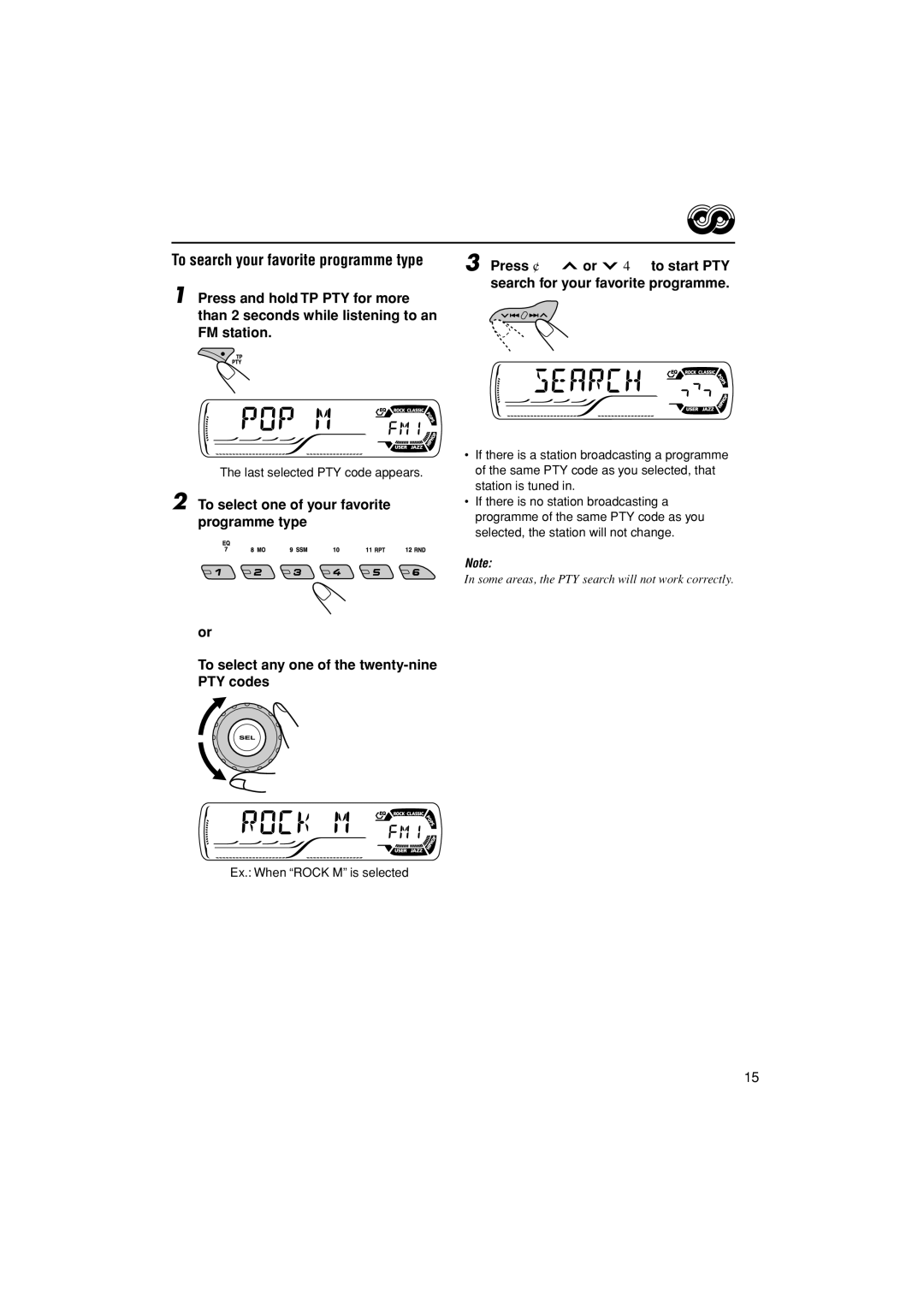 JVC KD-G502 manual Press ¢ or 4to start PTY search for your favorite programme, Ex. When Rock M is selected 