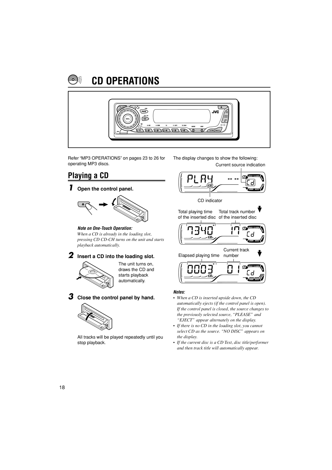 JVC KD-G502 manual CD Operations, Playing a CD, Open the control panel, Insert a CD into the loading slot 